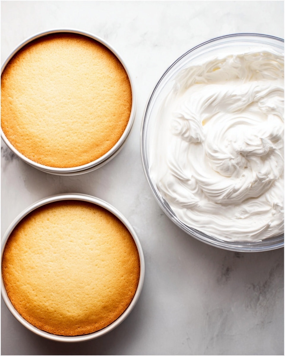 The image shows two parts: on the left, two round cake layers, light golden brown on top, resting in white cake pans; each cake layer looks soft and even, placed next to each other on a white marbled surface. On the right, there is a large clear glass bowl filled with smooth, thick, white whipped cream that has soft peaks with swirls making a textured pattern on top. photo taken with an iphone --ar 4:5 --v 7