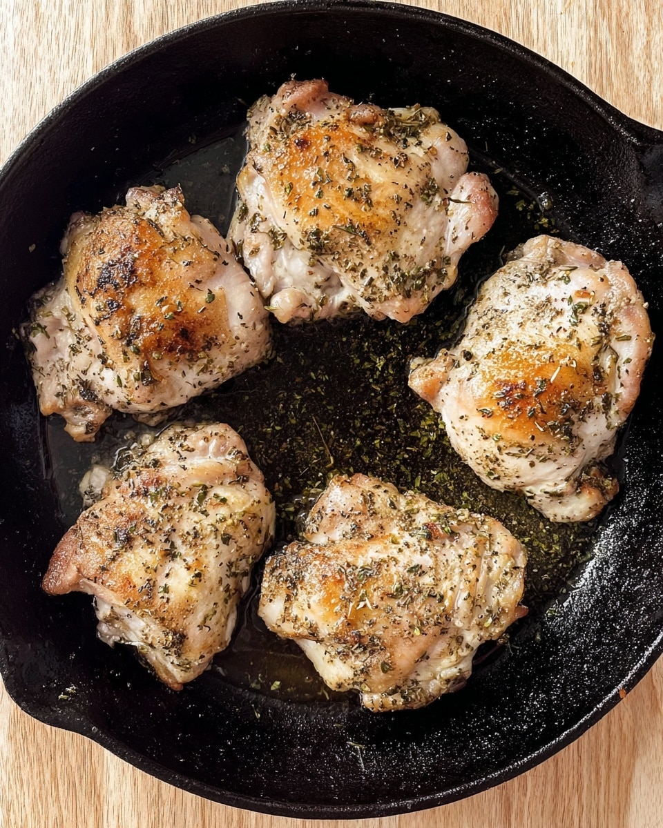 A black cast iron skillet holds four pieces of seasoned chicken thighs, arranged in a loose circle with space between them. Each piece is light pinkish-white with spots of golden brown from cooking, sprinkled with greenish herbs and black pepper. The skillet surface shines slightly with cooking oil, contrasting with the light color of the chicken. The skillet rests on a light wood surface, simple and warm in tone. photo taken with an iphone --ar 4:5 --v 7