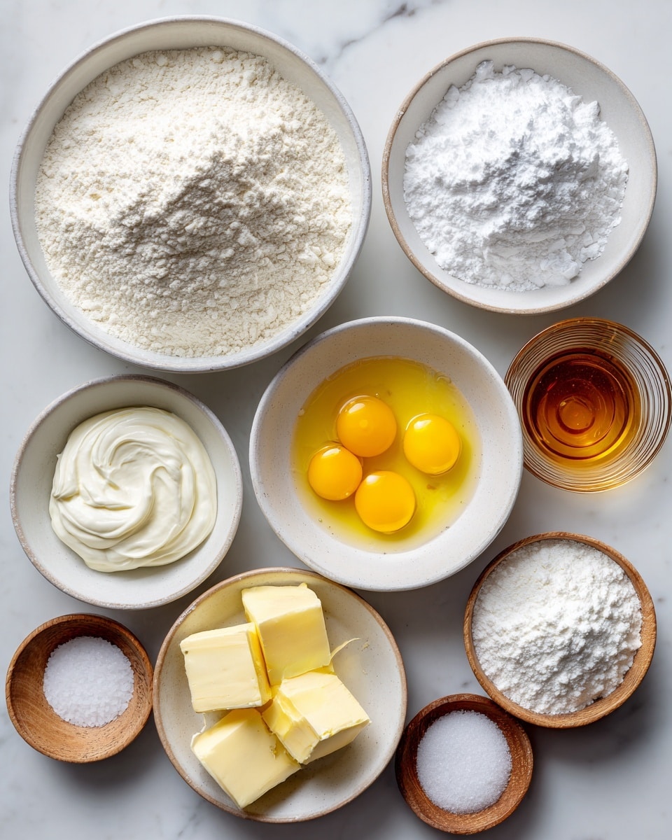 The image shows several small white bowls placed on a white marbled surface, each filled with different baking ingredients. The largest bowl in the top left contains a mound of white cake flour with a smooth, powdery texture. To its right is a slightly smaller bowl filled with bright white powdered sugar, fluffy and fine. Below these, a set of three bowls contains yellow egg yolk and whites, a chunk of pale yellow butter, and a similar piece of margarine, each smooth and solid. Next, a bowl with creamy white sour cream has a soft, thick texture, sitting beside a clear ribbed glass bowl filled with golden brown vanilla extract. To the right is a small clear bowl with almond extract, almost transparent. At the bottom, three small wooden bowls hold white baking powder, baking soda, and salt, each granular and powdery, along with a light wooden bowl containing a white powdery cornstarch. All bowls are neatly spaced, capturing the variety of baking ingredients used in recipes, photo taken with an iphone --ar 4:5 --v 7