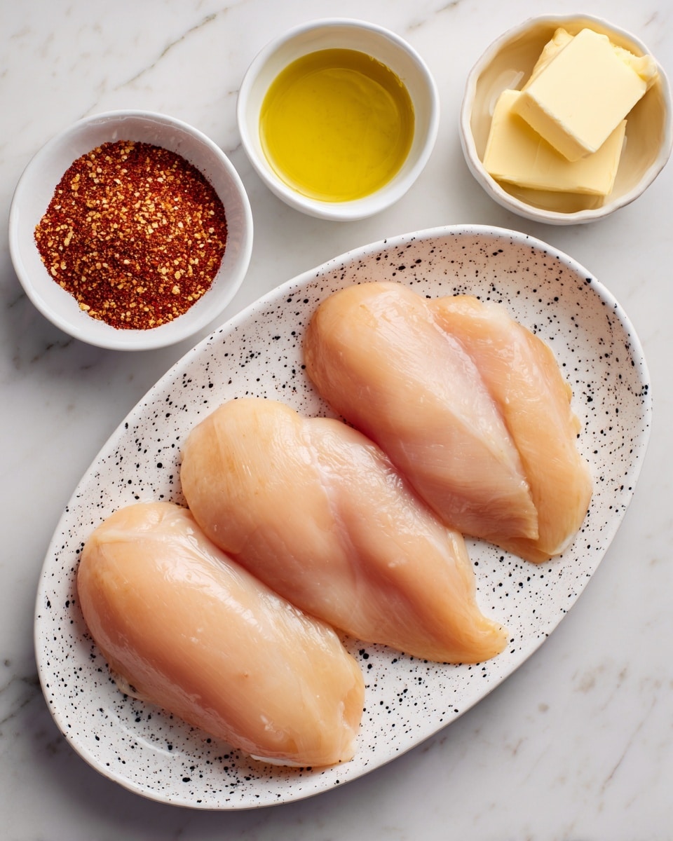 The image shows four skinless chicken breasts placed side by side on a white oval plate with black spots on the edge. To the upper left of the plate, there is a small white bowl filled with a reddish-brown blackening seasoning mix. Above the plate and slightly to the right, there is a small white bowl containing golden yellow olive oil. To the right of the olive oil, there is another small white bowl holding two square pieces of light yellow butter. All items are set on a white marbled textured surface. photo taken with an iphone --ar 4:5 --v 7