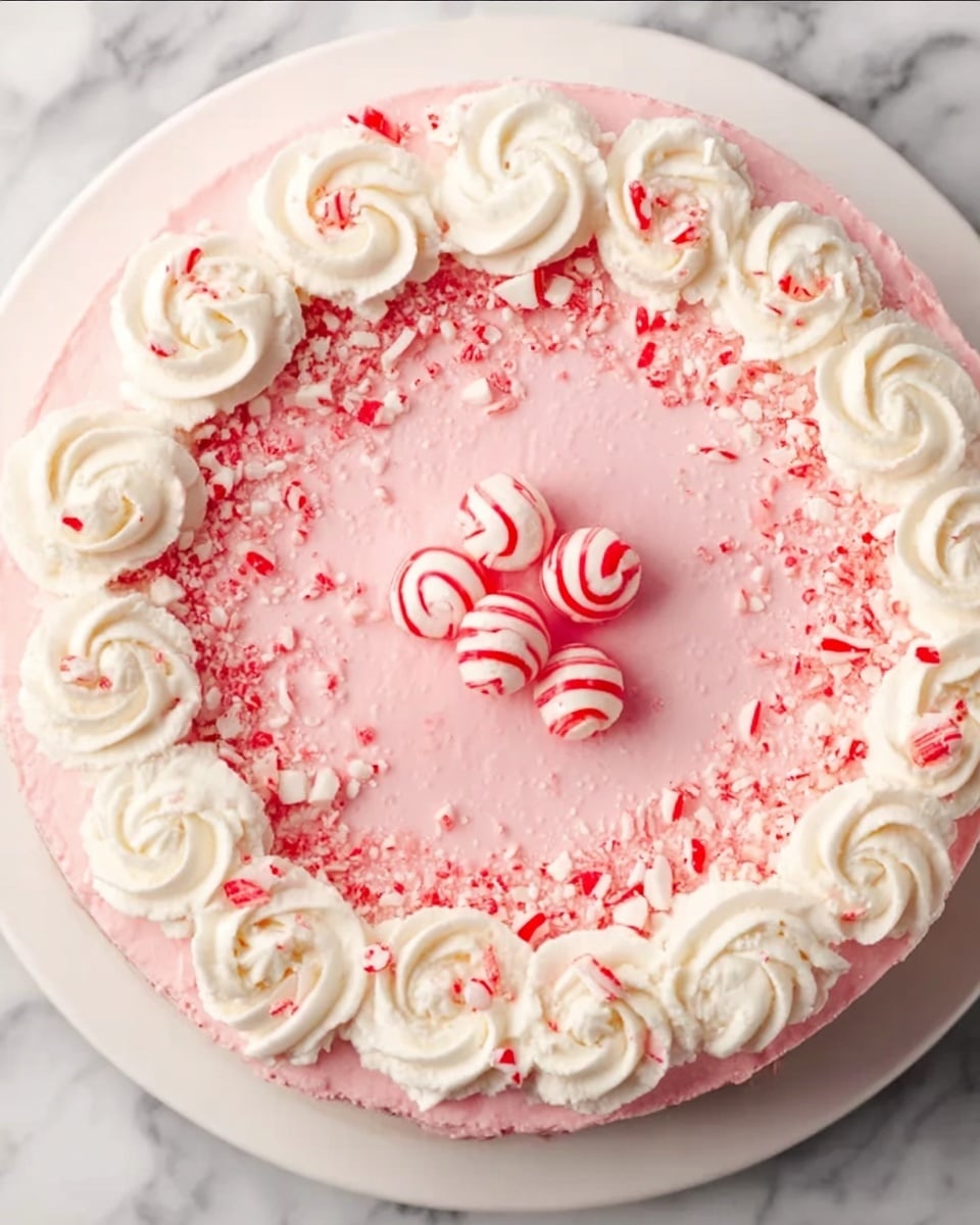 A round cake with a smooth pink frosting covering the entire top, decorated with a circle of white cream swirls around the edge. Inside this circle, the top of the cake is sprinkled with crushed red and white candy pieces. In the center, there are six whole red and white striped peppermint candies arranged in a small circle. The cake is placed on a white plate set on a white marbled surface. photo taken with an iphone --ar 4:5 --v 7