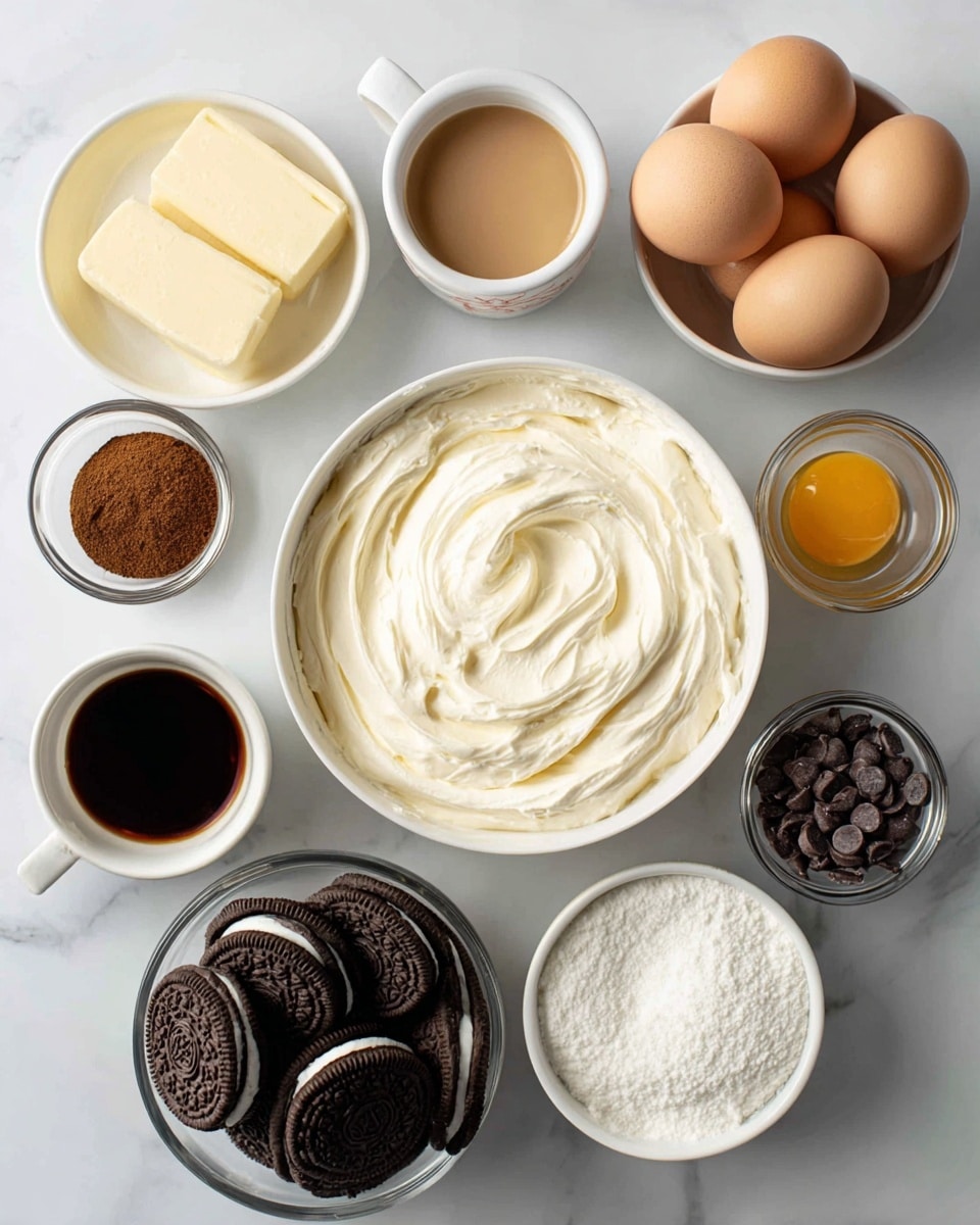 The image shows ingredients for a dessert, all placed on a white marbled surface. In the center, there is a bowl full of white, creamy cream cheese with a smooth and soft texture. Around it, there are several small white bowls and a silver bowl. One small white bowl contains light brown espresso powder, another has thick white sour cream, one has melted yellow butter, and one holds white sugar. A small white bowl has dark brown vanilla extract. There is a glass bowl filled with whole chocolate sandwich cookies with dark brown and black details. The silver bowl contains four whole eggs with a smooth shell in light brown color. Another small white bowl has white heavy cream, and a small white bowl is filled with small, shiny dark chocolate chips. Finally, there is a clear measuring cup with light brown Irish cream liqueur. The ingredients are arranged neatly and labeled with text. Photo taken with an iphone --ar 4:5 --v 7