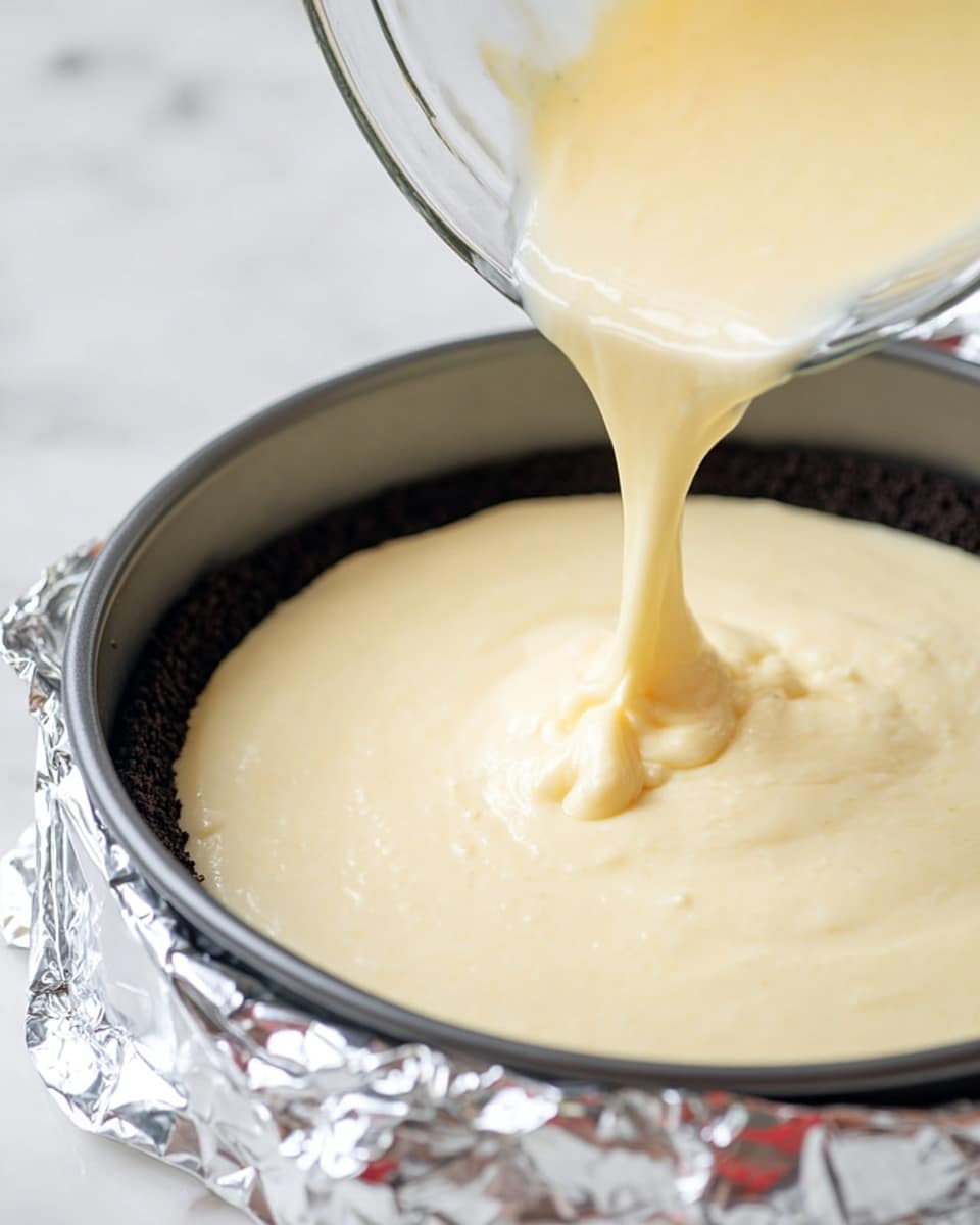 A thick, creamy pale yellow mixture is being poured from a clear glass bowl into a round baking pan. The pan has a dark, crumbly crust lining its base, forming one layer. The creamy layer is smooth and beginning to spread evenly over the dark crust. The baking pan is wrapped on the outside with crinkled shiny silver foil. The background surface has a white marbled texture. Photo taken with an iphone --ar 4:5 --v 7