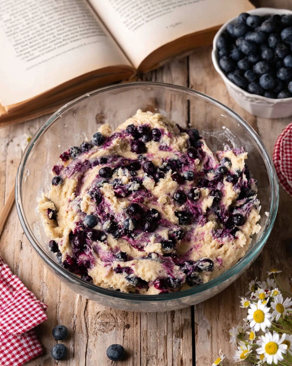 A clear glass bowl is filled with chunky dough mixed with dark purple and blue berries unevenly spread through a pale beige mixture, showing rough and thick texture with some swirling berry streaks. The bowl sits on a rustic wooden surface with an open cookbook featuring visible text and a red checkered jar lid nearby. Part of a white bowl filled with fresh dark blue berries and a small glass jar holding delicate white and yellow daisies are visible at the bottom right, with a few loose berries and flower stems scattered around. photo taken with an iphone --ar 4:5 --v 7