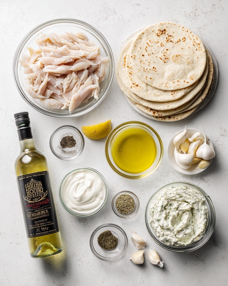 The image shows an overhead view of various ingredients arranged neatly on a white marbled surface. Starting from the top left, there is a clear glass bowl filled with pale pink chicken tenders. Next to it, on the right, there is a stack of five round, light beige pita breads with a soft texture. Below the pita bread, there is a small clear bowl containing white Greek yogurt, and beside it, a small glass bowl with a light yellow olive oil. In the center near the top, there is a bottle of white wine vinegar with a black and red label. At the bottom center, there’s a small clear bowl with lemon juice that is a light pale yellow. To the left of the lemon juice are small clear bowls of black pepper and white salt. There is also a small jar of dried oregano and a small clear bowl holding several cloves of garlic. At the bottom right, there is a clear bowl full of white and green-speckled tzatziki sauce with a creamy texture. Everything is evenly spaced and the lighting gives a fresh and clean look. Photo taken with an iphone --ar 4:5 --v 7