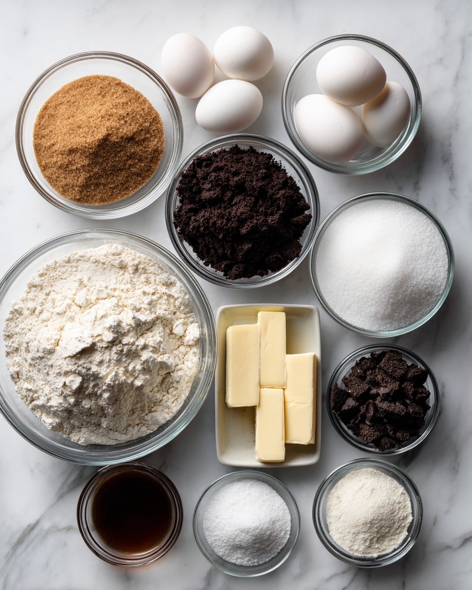 The image shows an overhead view of several clear glass bowls and butter sticks arranged on a white marbled surface. There are ten elements: a large bowl of white flour with a slightly uneven surface at the bottom left, a medium bowl of light brown sugar with a soft texture at the top left, and a medium bowl of dark Oreo crumbs with a crumbly texture at the top center. To the top right is a medium bowl of dark black cocoa powder, smooth and fine. In the center is a medium bowl of white sugar, finely granulated. Two white eggs sit in a small bowl to the right of the sugar. Two sticks of pale yellow butter lie side by side next to the brown sugar. Below the eggs is a small bowl with a dark brown liquid vanilla. At the bottom right are three very small bowls: one with white salt, one with white baking powder, and one with white baking soda, all powdery textures. The bowls and butter are spread evenly with clear labels on each ingredient. Photo taken with an iphone --ar 4:5 --v 7