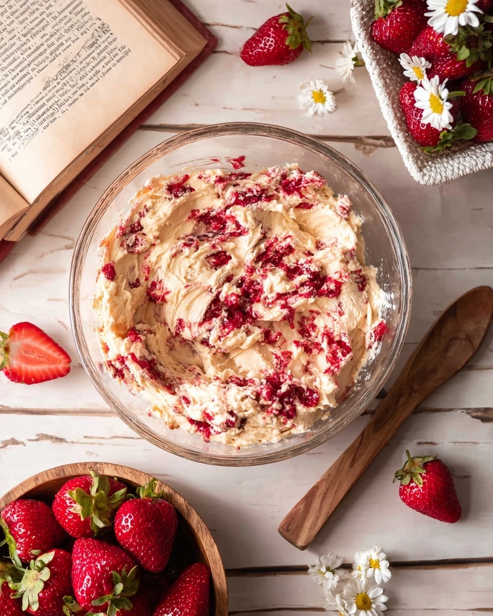 A clear glass bowl filled with a creamy mixture that has light beige and red swirled together, creating a textured look with smeared and clumped layers of the beige dough and bright red berry bits spread unevenly on top and inside. Around the bowl, on a white marbled surface, there is an open book with small white flowers scattered on it, and a small wooden bowl holding fresh red strawberries, some whole and one sliced in half. Next to this is a small white basket filled with shiny red strawberries, decorated with more white flowers on top. photo taken with an iphone --ar 4:5 --v 7