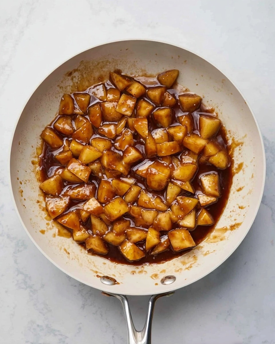 In a white pan placed on a white marbled surface, there are many small, shiny, golden-brown pieces of apple mixed with a dark brown syrupy sauce. The apple pieces are irregular in shape and are spread around the bottom of the pan. The inside of the pan shows some streaks and spots where the sauce has reduced. On the right side of the pan, the silver handle is visible. The overall look is warm and cooked, with the sauce giving a glossy shine to the fruit pieces photo taken with an iphone --ar 4:5 --v 7