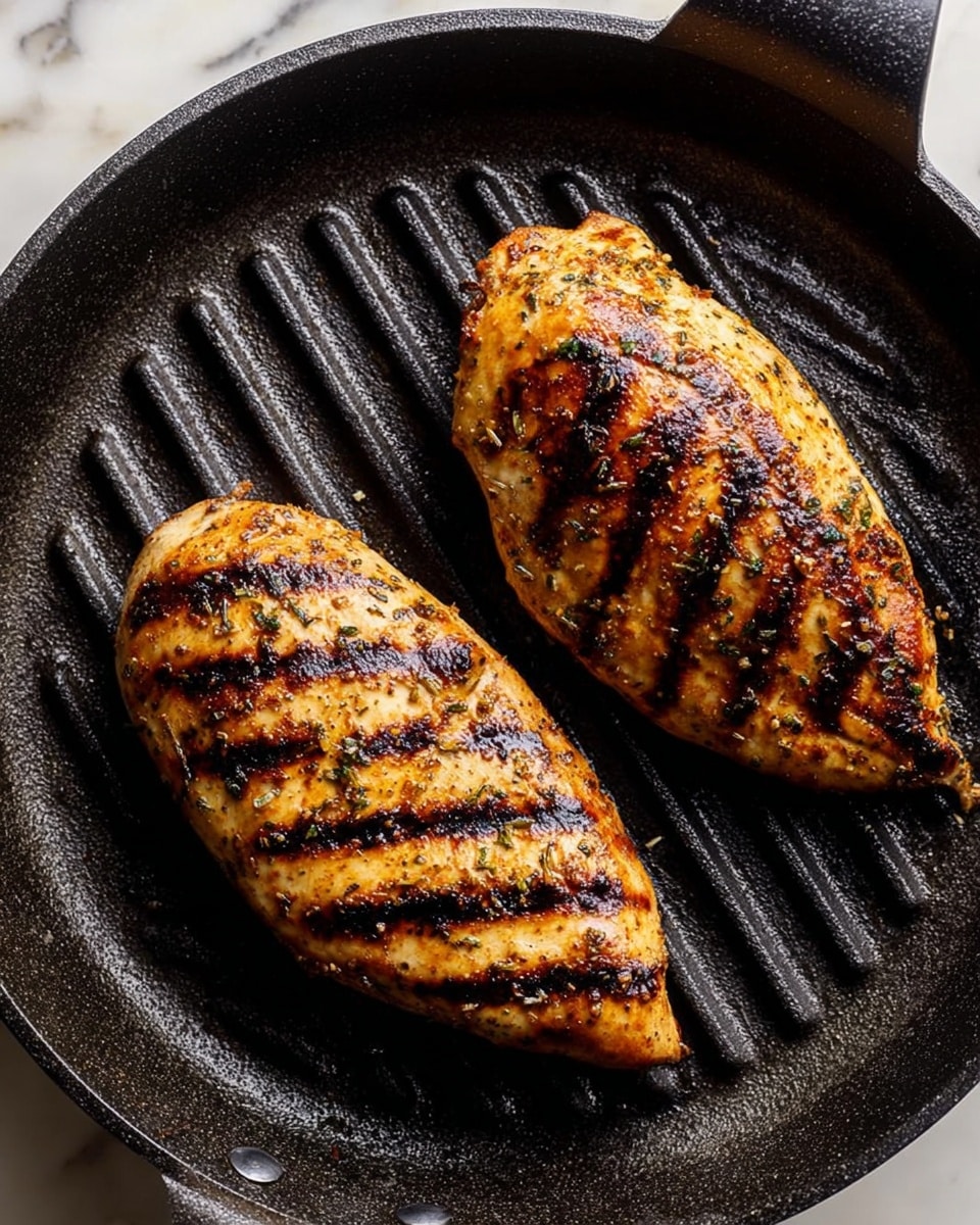 Two grilled chicken pieces with clear dark brown grill marks lie on a black round grill pan with raised lines. The chicken is golden brown with a sprinkling of herbs and spices visible on the surface, giving a textured look. The grill pan has a handle on the left side and sits on a white marbled surface. The lighting highlights the charred edges and juicy texture of the chicken photo taken with an iphone --ar 4:5 --v 7