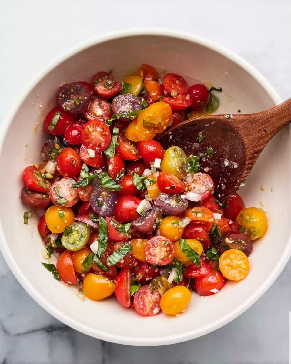 The image shows a white bowl filled with a colorful tomato salad made of halved red, yellow, and purple cherry tomatoes mixed with small pieces of fresh green basil and tiny white bits, likely garlic or onion. A wooden spoon is resting inside the bowl on the right side, partially covered by the salad. The bowl sits on a white marbled surface. The salad looks fresh and vibrant with bright colors. Photo taken with an iphone --ar 4:5 --v 7