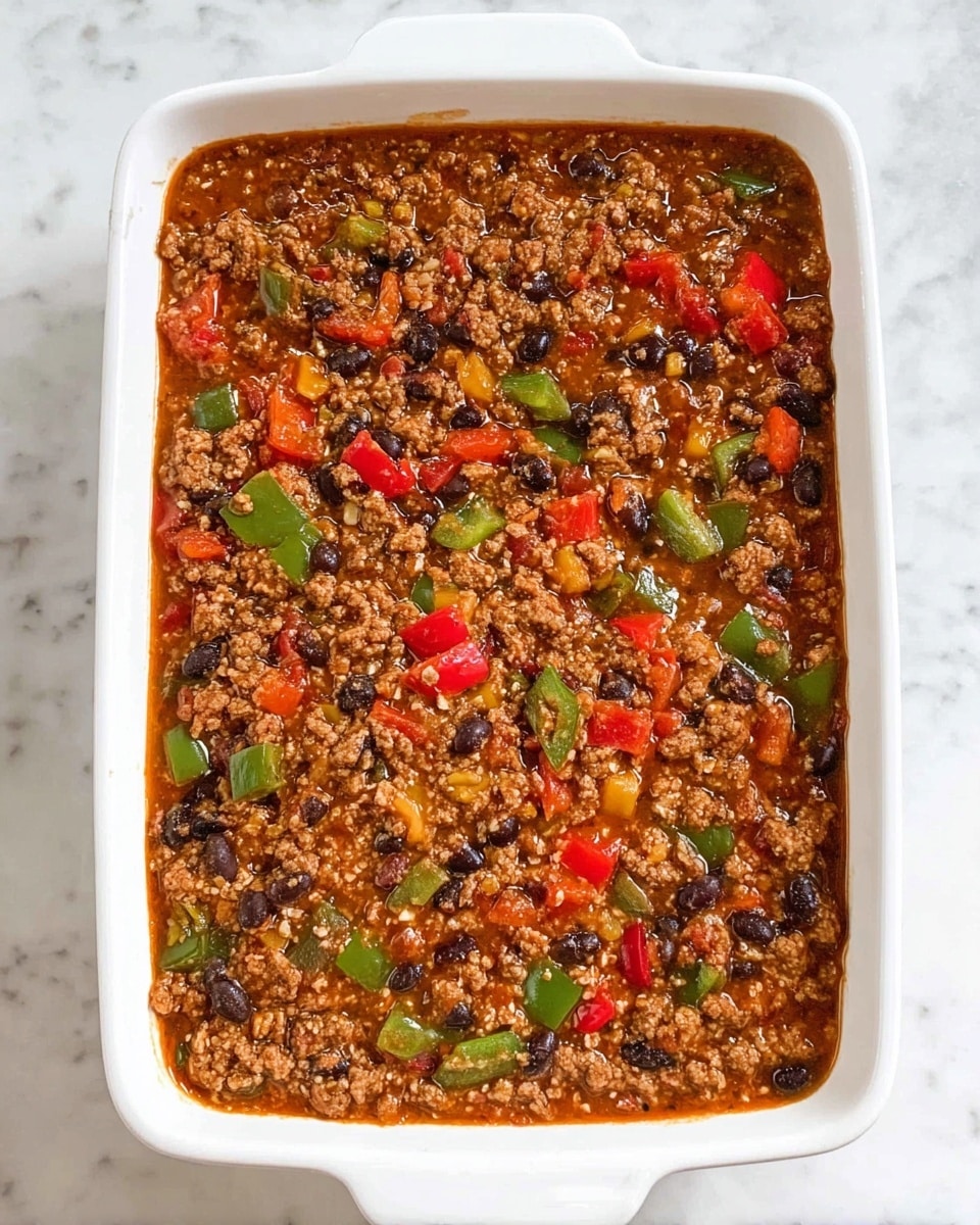 This image shows a white rectangular baking dish filled with one uniform layer of a thick mixture. The mixture contains small, brown crumbled pieces, green and red bell pepper chunks, black beans, and bits of white rice all surrounded by a reddish-brown sauce. The dish sits on a white marbled surface. photo taken with an iphone --ar 4:5 --v 7