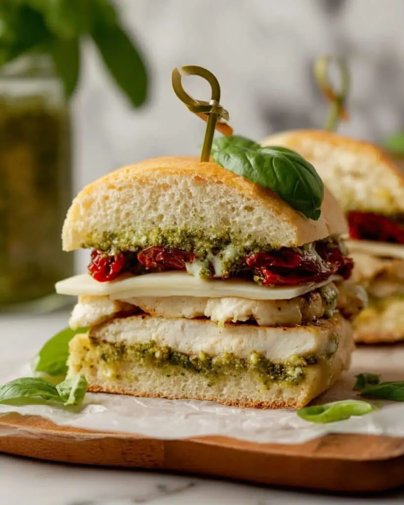 Ciabatta Sandwich with Chicken, Pesto, Sun-Dried Tomatoes, and Mozzarella Recipe