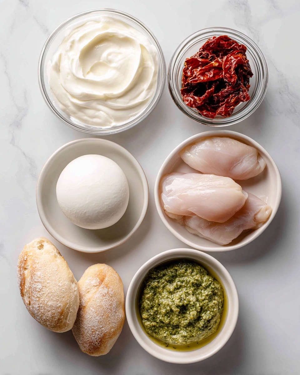 The image shows six food items arranged neatly on a white marbled surface. In the top left corner, there is a small clear bowl filled with smooth, creamy white yoghurt. To the right of it is an open jar containing dark red sundried tomatoes in oil, showing soft wrinkled textures. Below the yoghurt, on a white plate, sits a single ball of fresh mozzarella in off-white color with a soft, smooth surface. To the right, there are two pale pink raw chicken pieces packed in clear plastic. Below the chicken, a round white bowl contains bright green pesto with a slightly oily, chunky texture. In the bottom left corner, two light brown ciabatta rolls with crusty, flour-dusted tops rest on a white plate. Photo taken with an iphone --ar 4:5 --v 7