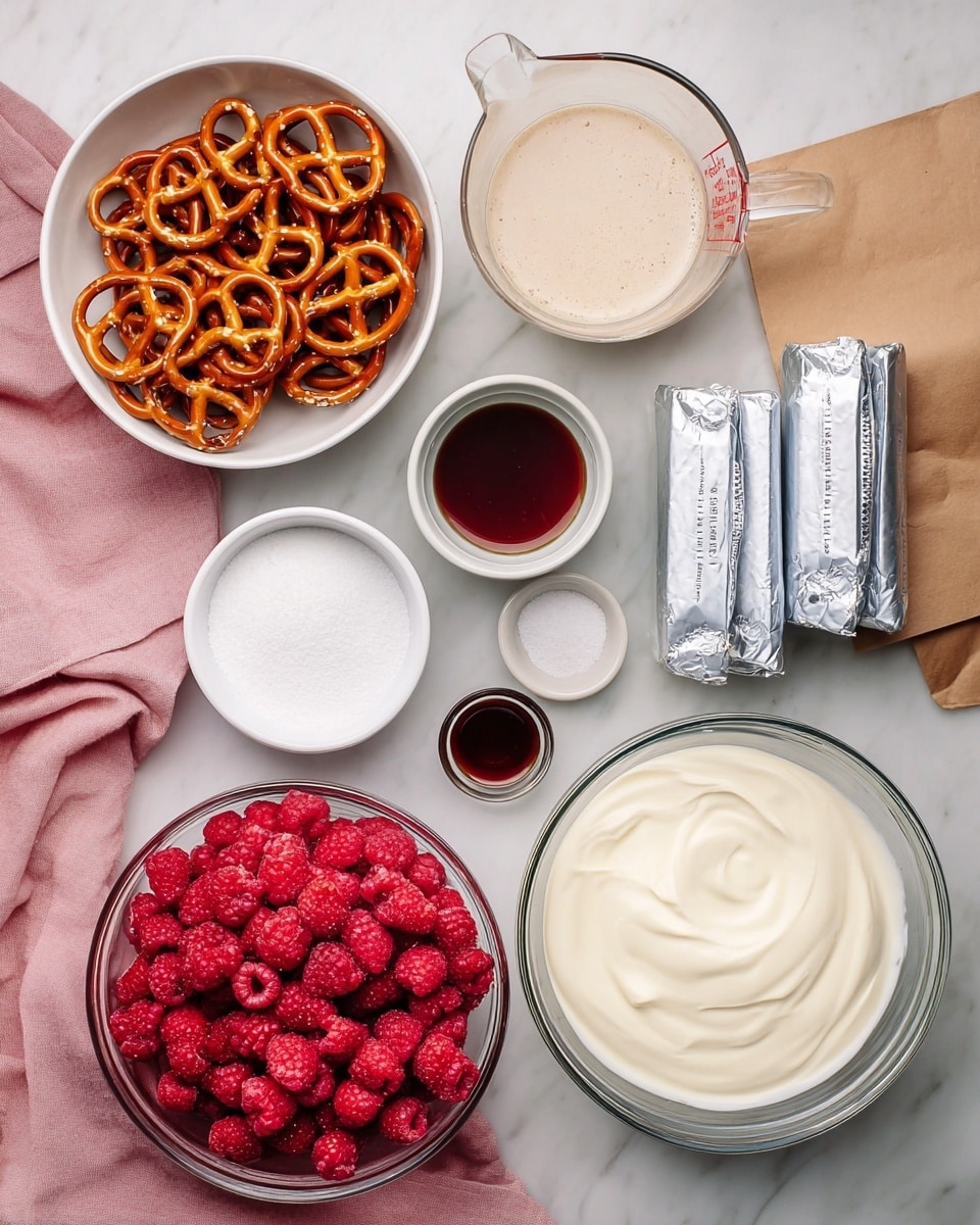 The image shows several ingredients arranged neatly on a white marbled surface. In the top left, there is a white bowl filled with golden-brown pretzels, their twisted shapes catching the light. To the right, a clear glass measuring cup holds a creamy, frothy liquid. Below that, there is another small white bowl filled with white granulated sugar and a small dark cup with a dark liquid inside. Next to these, two silver foil-wrapped sticks of butter are placed side by side. A large white bowl of smooth, thick cream is positioned near the right edge. At the bottom center, a clear glass bowl is filled with bright red raspberries, some with a frosty texture. On the bottom left, a glass measuring cup contains clear water, partly sitting on a soft pink cloth. A brown paper bag also lies near the center, completing the collection of items. Photo taken with an iphone --ar 4:5 --v 7