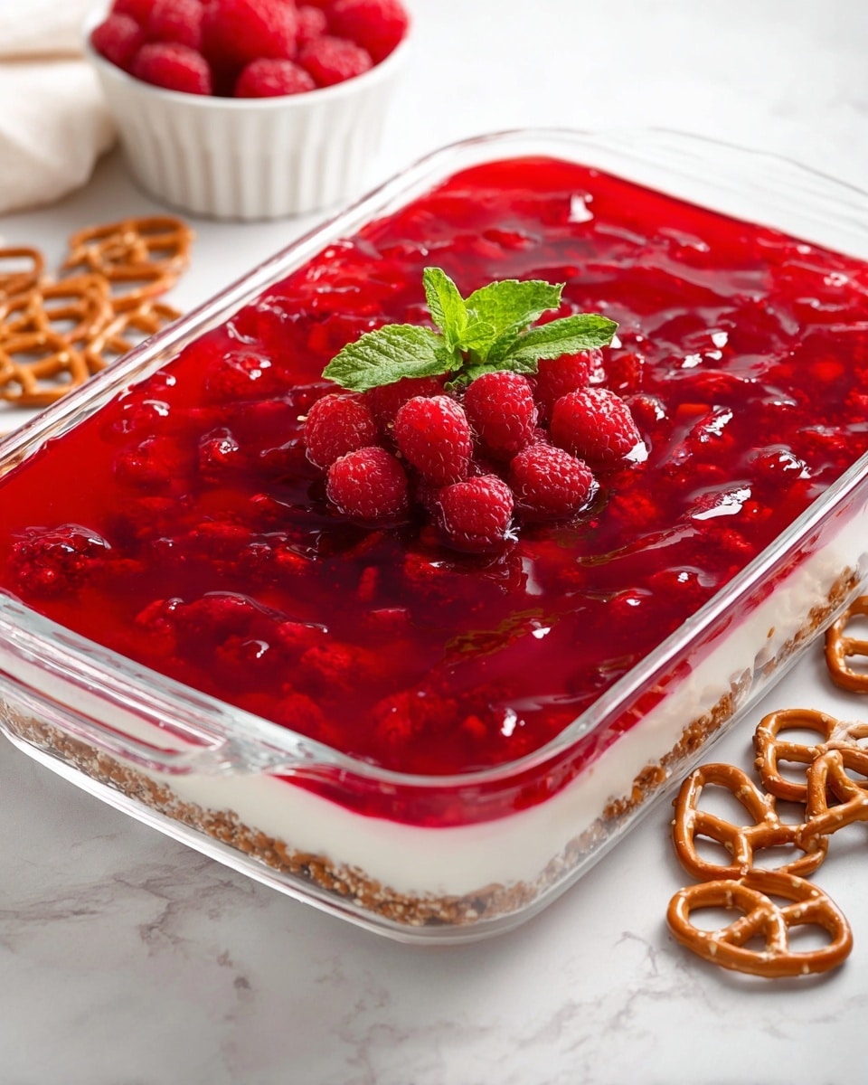 The image shows a clear glass rectangular dish filled with three visible layers. The bottom layer is a berry crust made of crushed pretzels with a light brown color and small texture. The middle layer is a creamy white filling that sits thick and smooth above the crust. The top layer is a glossy red raspberry jelly with whole raspberries embedded inside, creating a shiny, textured surface. A small bunch of whole fresh raspberries and bright green mint leaves sit neatly at the center on top of the jelly. The dish is placed on a white marbled surface, with a small white bowl of fresh raspberries and some pretzels scattered nearby. photo taken with an iphone --ar 4:5 --v 7