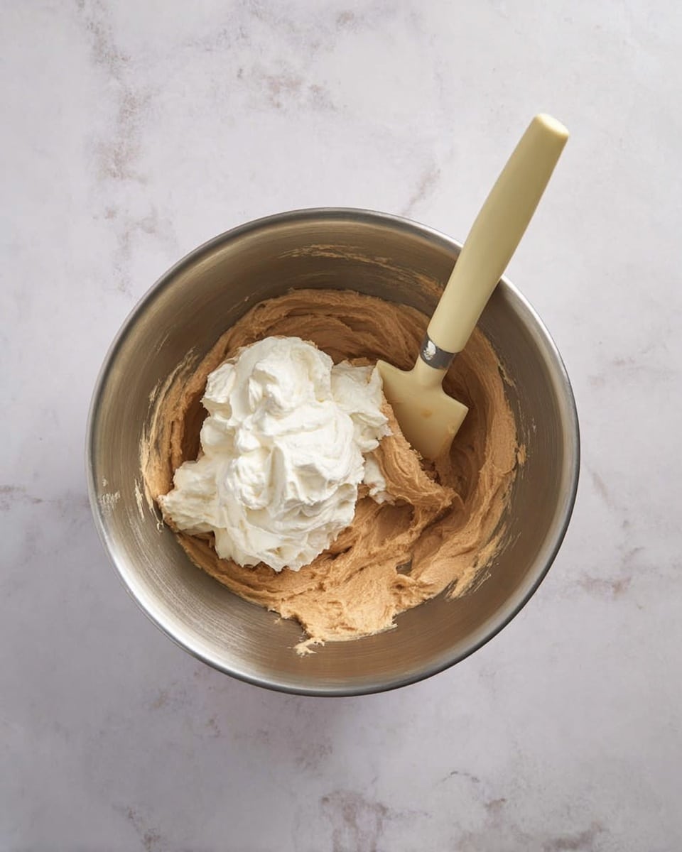 A metal bowl sits on a white marbled surface, holding two layers of ingredients. The bottom layer is a thick, smooth light brown dough that fills most of the bowl. On top of this is a fluffy white cream dollop placed to one side. A pale yellow spatula stands in the bowl, its tip touching the white cream. Photo taken with an iphone --ar 4:5 --v 7
