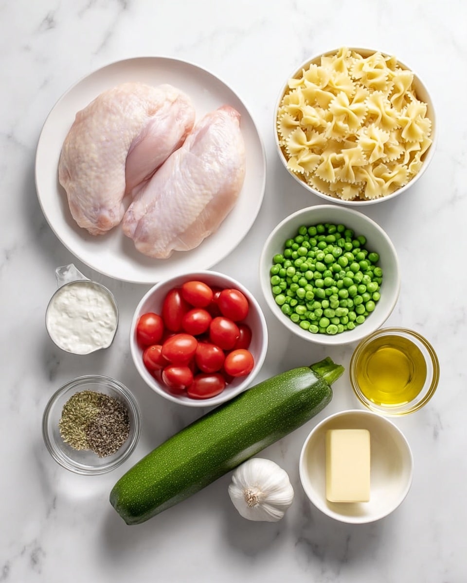 A white round plate holds two raw pale pink chicken pieces side by side with smooth textures. Above it, a white bowl is full of yellow uncooked bow-tie pasta. To the right of the pasta bowl is a smaller white bowl filled with bright green peas. Next to that is a metal measuring cup holding white cream. Below the cream is a green zucchini lying horizontally with a smooth, shiny skin. To the left of the zucchini is a white bowl full of shiny red grape tomatoes. Below the tomatoes is a small glass bowl with mixed dried herbs and spices in green, white and black colors. Near the center, a small glass bowl contains golden yellow olive oil. Below the oil, another white bowl holds a pale yellow liquid, likely broth. A small yellow block of butter sits near the oil. A whole white garlic head is also visible near the zucchini on a white marbled surface photo taken with an iphone --ar 4:5 --v 7
