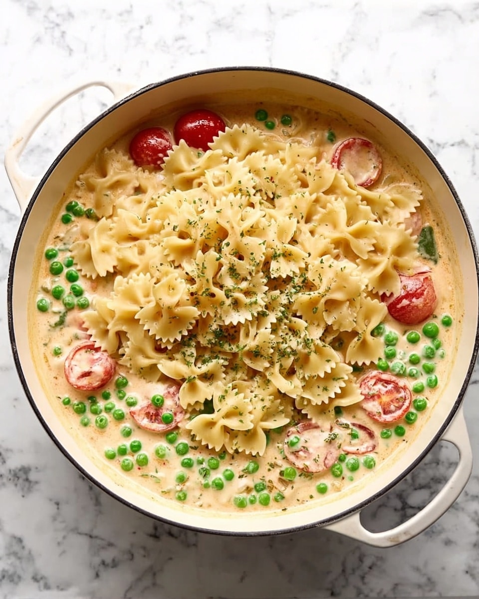 A white deep pan filled with a creamy sauce mixed with green peas and halved red cherry tomatoes. On top of the sauce, there is a large pile of pale yellow farfalle pasta, shaped like small butterflies. The sauce is lightly speckled with herbs, and the pan is sitting on a white marbled surface. Photo taken with an iphone --ar 4:5 --v 7