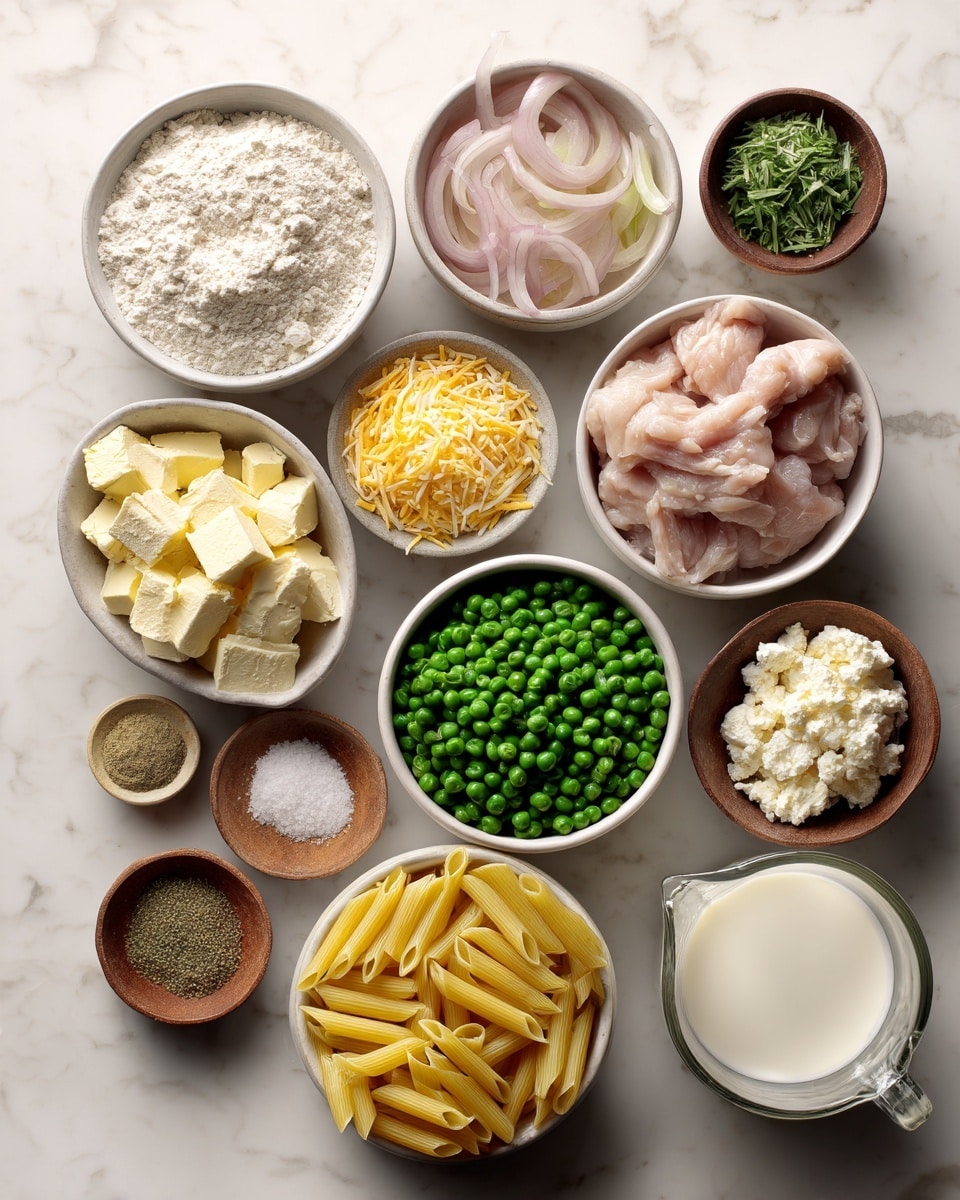 The image shows several white bowls and a clear measuring cup arranged on a white marbled surface. There are eleven bowls of different sizes, each holding a different ingredient: a bowl of white all-purpose flour with a powdery texture; a bowl of butter cut into small cubes with a smooth, yellow color; thinly sliced pale pink shallots in another bowl; bright green chopped spinach leaves filling a larger bowl; shredded cheddar cheese with a light yellow color; raw, light pink chicken pieces; bright yellow penne pasta with a smooth surface; frozen green peas; crumbled white feta cheese with a crumbly texture; light brown panko breadcrumbs; and small wooden bowls containing onion powder, Herbes de Provence, Dijon mustard, and nutmeg, each a small quantity and showing their distinctive colors and textures. A clear glass measuring cup filled with white milk is also present. All ingredients are neatly arranged, clearly labeled with text above or below each bowl. Photo taken with an iphone --ar 4:5 --v 7