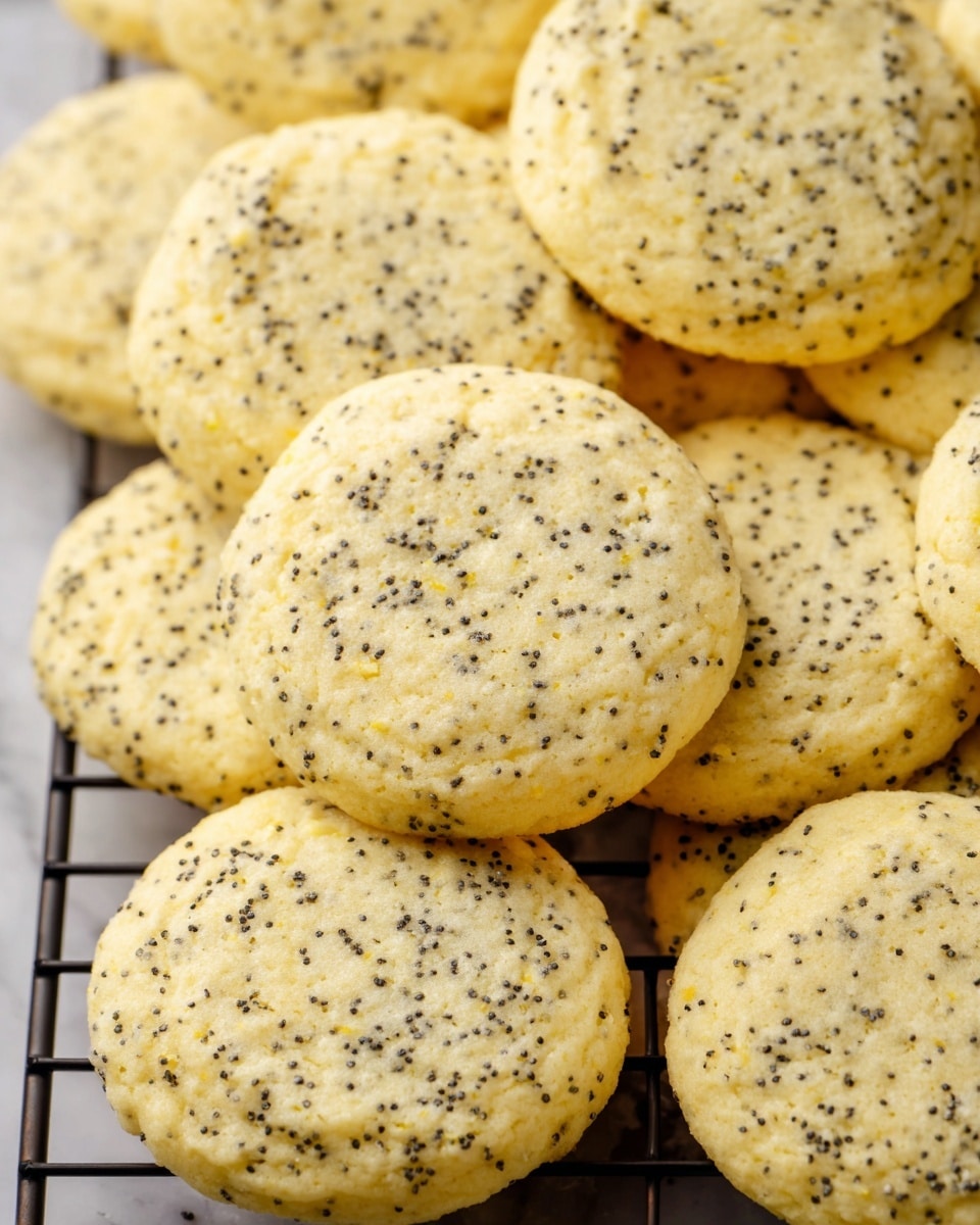 The image shows many round, soft lemon poppy seed cookies stacked closely together on a wire rack. Each cookie is pale yellow with a slightly bumpy surface, dotted with small black poppy seeds evenly spread throughout. The cookies have a smooth edge and a gentle rise, giving them a plump and fluffy look. The wire rack beneath hints at cooling after baking, and the whole scene is set on a white marbled surface. photo taken with an iphone --ar 4:5 --v 7