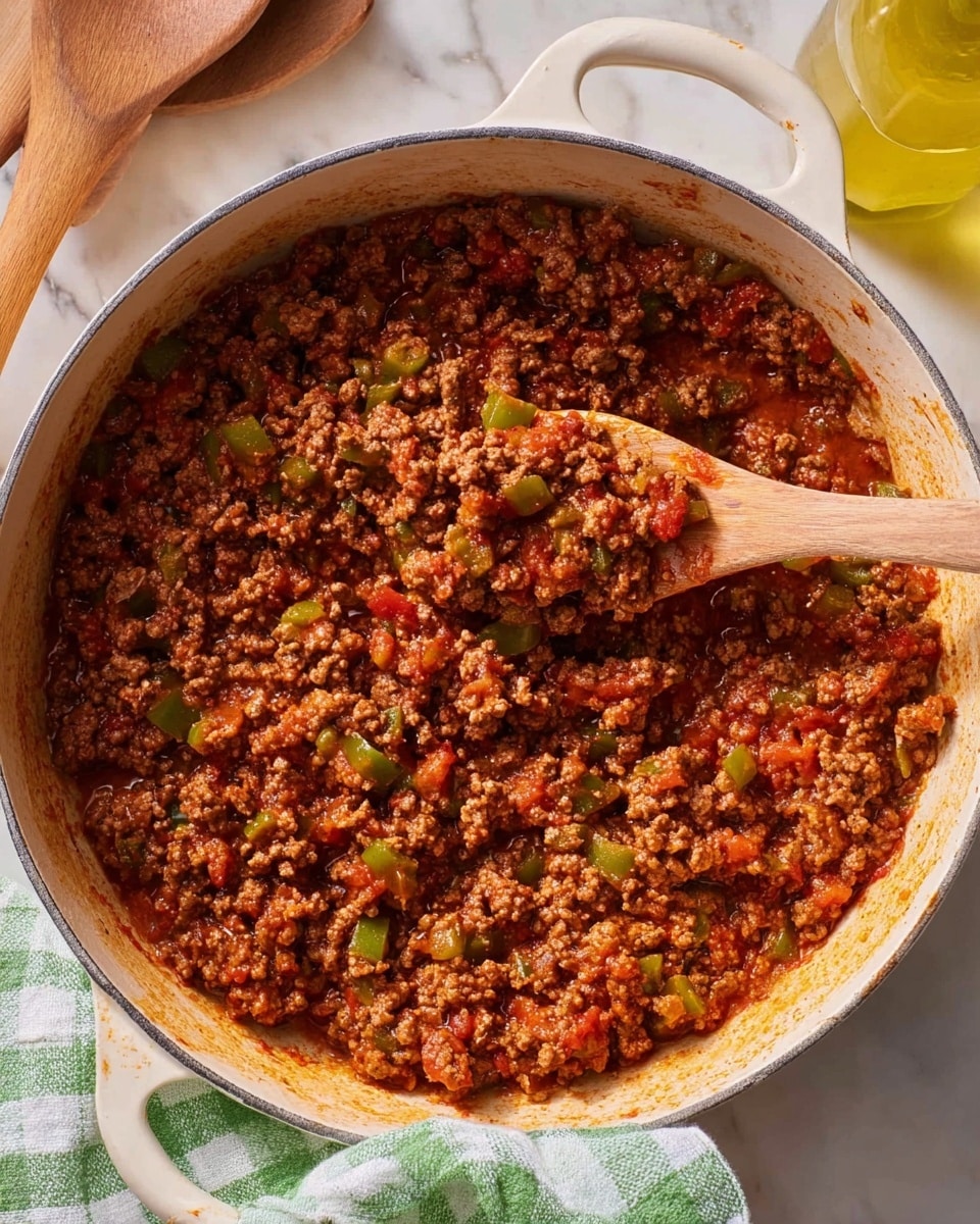 A white pot filled with cooked ground meat mixed with small pieces of green bell pepper and red tomato sauce, creating a chunky texture throughout. A wooden spoon rests inside the pot, partly scooping the meat mixture, showing some cooked bits stuck to the bottom. The pot sits on a white marbled surface with a green and white checkered cloth beneath the handle, while a wooden spoon and a yellow bottle are visible in the background. Photo taken with an iphone --ar 4:5 --v 7