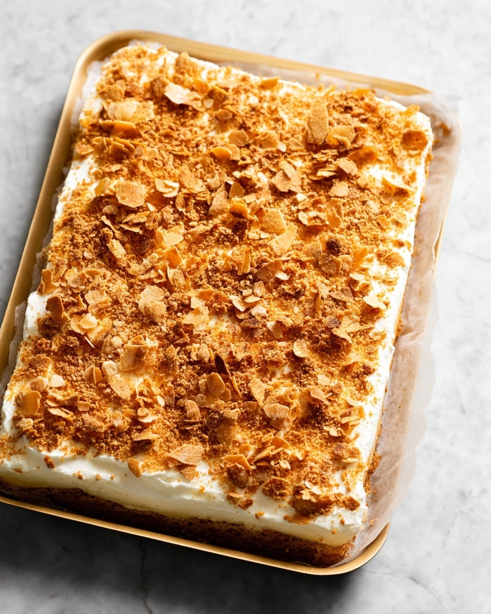 A rectangular layered dessert sits on white parchment paper inside a golden tray, placed on a white marbled surface. The dessert has three visible layers: the bottom layer is a golden brown pastry base with a slightly crusty texture; above it is a thick, smooth white cream layer that spreads evenly; the top layer is a thick, uneven sprinkle of golden brown flaky crumbs, toasted and crisp, covering the whole surface. The flaky crumbs vary in size and create a textured look with light and dark brown tones. Photo taken with an iphone --ar 4:5 --v 7