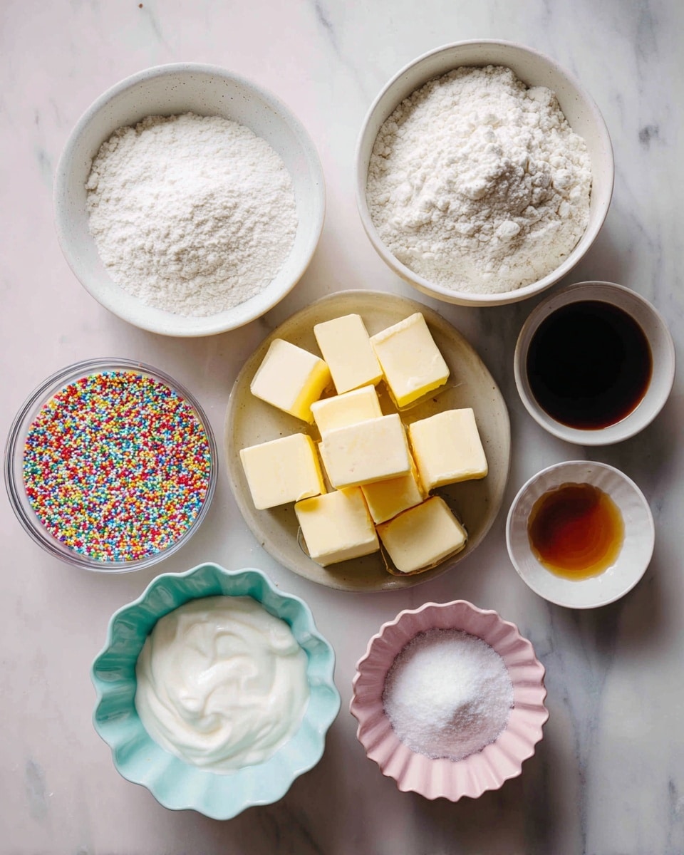 A white marbled surface holds six bowls with ingredients for baking. At the top right is a white bowl filled with light, powdery flour. Next to it on the left is a white bowl filled with fine, white sugar. Below the flour, there is a beige plate with six cubes of pale yellow vegan butter, each with smooth edges and firm texture. To the left of the vegan butter, a clear bowl is filled with bright, colorful rainbow sprinkles that are small and cylindrical. Below the sprinkles, a light blue scalloped bowl holds thick, creamy dairy-free yogurt in white color. To the right of the yogurt, two pink scalloped bowls are placed, the left one filled with dark amber vanilla extract, and the right one with white baking powder and baking soda powders arranged side by side. The scene is simple and clean, with a soft natural light enhancing the colors and textures, photo taken with an iphone --ar 4:5 --v 7