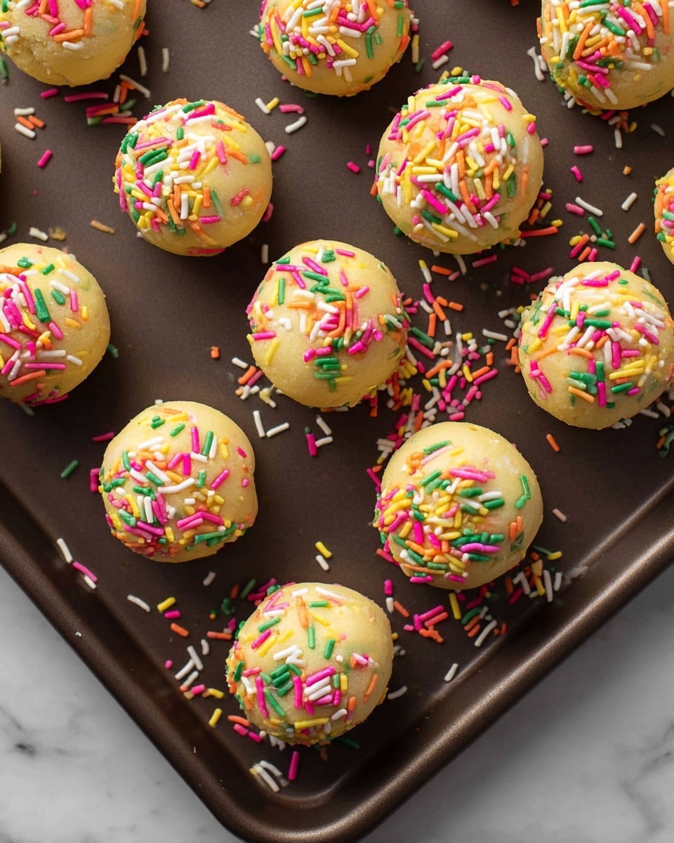 The image shows multiple round dough balls arranged on a dark baking sheet with a white marbled background. Each dough ball is pale yellow with a smooth texture and is covered with colorful long sprinkles in pink, green, yellow, orange, red, and white. Some sprinkles are scattered around the baking sheet too, adding a lively touch. The balls are placed close but not touching, forming a casual grid-like pattern. photo taken with an iphone --ar 4:5 --v 7