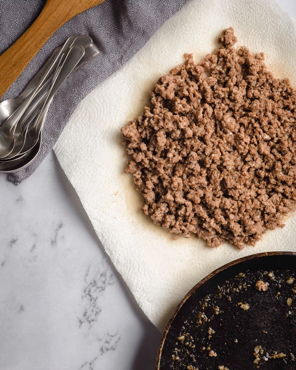 A close-up view of cooked ground meat spread in a single rough layer on a white paper towel, showing a crumbly texture in light to medium brown shades, resting on a white marbled surface. Nearby are old silver measuring spoons stacked on a gray cloth, a wooden spoon with a smooth surface placed diagonally, and a black cast iron skillet with oil residue and small food bits inside, partially visible at the bottom right. The overall scene gives a rustic, homemade cooking feel. photo taken with an iphone --ar 4:5 --v 7