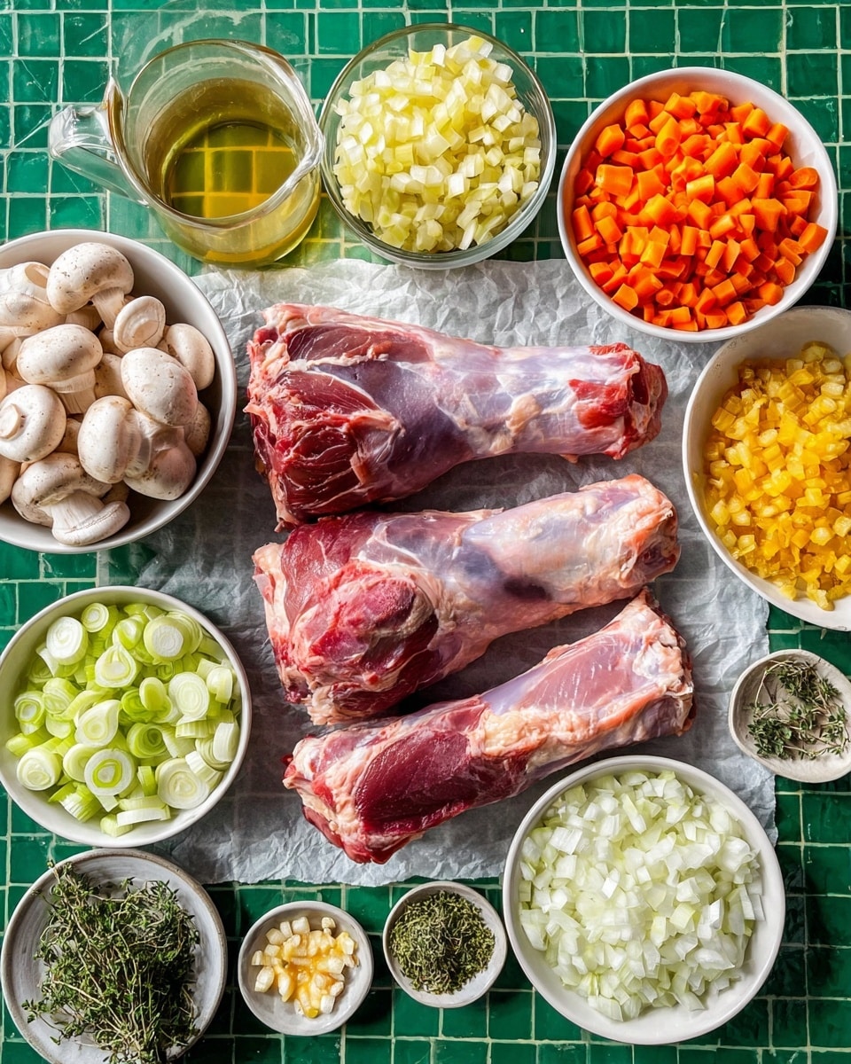 The image shows four raw lamb legs placed in the center on white parchment paper, their deep red flesh with pale fat visible. Around the lamb legs are many small white bowls filled with different ingredients: bright orange diced carrots in one bowl at the top right, finely chopped white onions in a bigger bowl below, finely chopped shallots in a small bowl next to that, and whole white button mushrooms cut in half placed in a bigger bowl on the left. There is also a bowl with roundly sliced leeks, another with chopped fresh green parsley, and small bowls containing garlic cloves, fresh thyme sprigs, minced garlic and ginger, lemon slices, olive oil, salt, and ground pepper. A clear glass jug with a light broth or stock is in the upper left corner. All the bowls and ingredients are placed on a green tiled surface. photo taken with an iphone --ar 4:5 --v 7