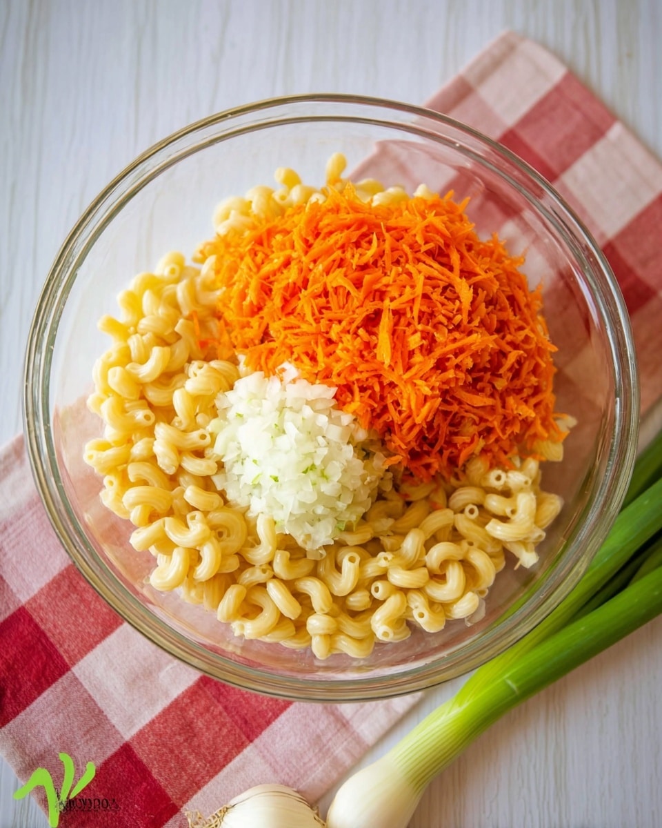A clear glass bowl holds three layers of ingredients on a white marbled texture. The bottom layer is elbow macaroni noodles in a pale yellow color, filling most of the bowl. Above the noodles, there is a large pile of finely shredded bright orange carrots placed in the center. On top of the carrots toward the front is a small mound of white chopped onions. Next to the bowl is a green scallion stalk with a white bulb, and underneath the bowl is a red and white checked cloth. Photo taken with an iphone --ar 4:5 --v 7