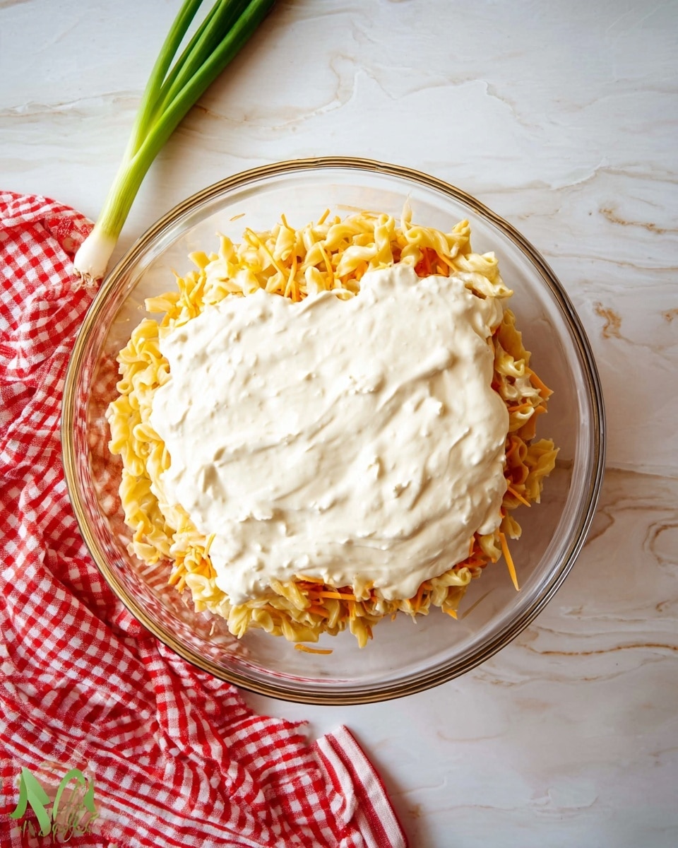 A clear glass bowl on a white marbled surface holds a layered pasta dish, with the base layer of cooked elbow macaroni mixed with shredded orange cheese visible around the edges, and a thick, creamy white sauce spread unevenly on top. A green onion lies next to the bowl on the marbled surface, and a red and white checkered cloth is placed near the bottom left side of the bowl. The lighting is bright and natural, highlighting the textures of the pasta and creamy sauce photo taken with an iphone --ar 4:5 --v 7