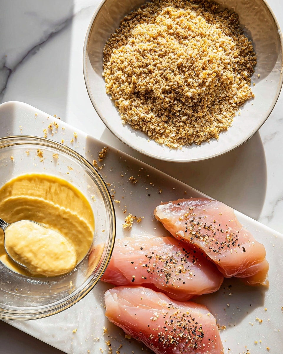 The image shows a food prep scene with raw chicken pieces on a white cutting board placed on a white marbled surface; three pinkish raw chicken pieces are sprinkled with black pepper on the board, while one piece is dipped in a creamy yellow batter inside a clear glass bowl to the left. Above the bowl, there is a white bowl filled with a coarse, crumbly mixture of brown and beige crumbs for coating. Some crumbs are scattered on the surface around the bowl. Bright sunlight casts shadows on the food and surface, giving a fresh and clean look. photo taken with an iphone --ar 4:5 --v 7