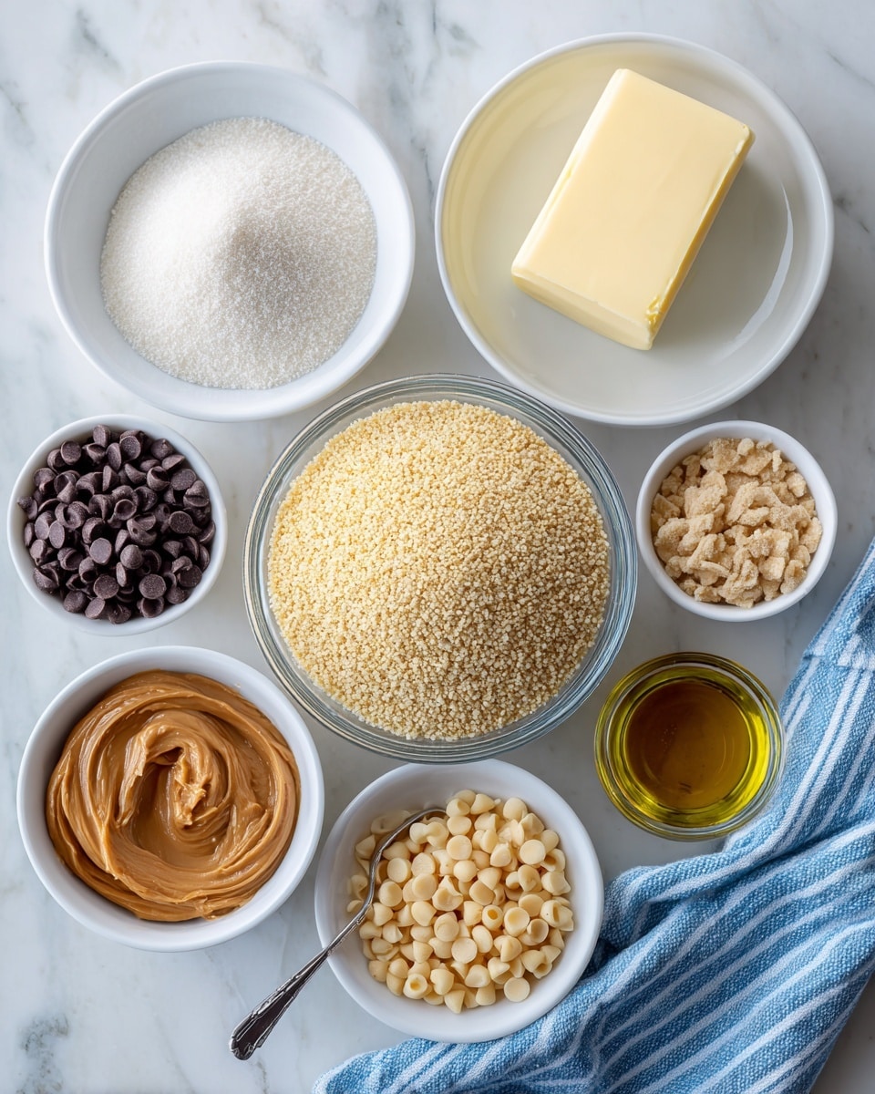 A clear glass bowl in the center holds light tan crispy rice cereal, surrounded by six smaller white bowls each filled with different ingredients: at the top left, a white bowl is full of fine powdered sugar with a soft texture; next to it, a white bowl contains a solid rectangular piece of creamy pale yellow butter; to the right, a white bowl is filled with small, round, golden brown butterscotch chips; at the bottom left, a white bowl holds smooth, shiny, light brown peanut butter with swirled texture; next to it, a small white bowl has glossy dark brown chocolate chips with round shapes; finally a tiny white bowl at the top right contains a clear, light yellow oil with a spoon inside. All ingredients are placed on a white marbled surface with a folded blue and white striped cloth at the bottom right corner. photo taken with an iphone --ar 4:5 --v 7