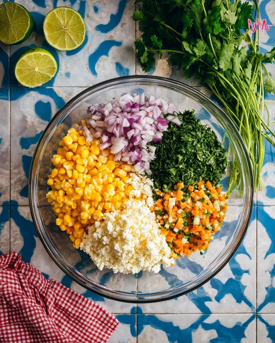 A clear glass bowl shows five layers of ingredients placed separately in a circle. Starting from the top right, there is a layer of small diced orange and green vegetables, next a layer of finely chopped green herbs. Below that is a heap of crumbly white cheese. To the bottom left, a bright yellow cooked corn layer is visible. Finally, at the top left, there are small diced pieces of red onion with purple and white stripes. The bowl sits on a blue and white patterned tile surface with a white marbled texture in the background. To the top right outside the bowl, a bunch of fresh green cilantro and two lime halves are placed. A red and white checkered cloth is at the bottom left corner. Photo taken with an iphone --ar 4:5 --v 7