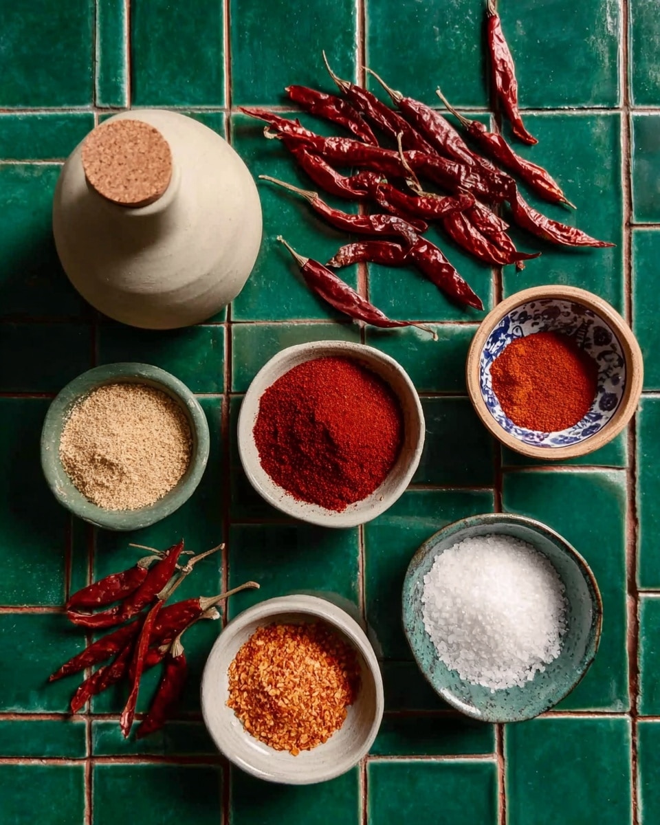 The image shows a collection of small white bowls placed on a green tiled surface, arranged around dry red chili peppers scattered in the middle. Each bowl holds different spices; two bowls contain ground red powders with slightly different shades of red, two bowls hold light orange flaky spices, and one bowl is filled with white salt. To the left side, there is a beige clay bottle with a cork stopper. The green tiles create a textured background that contrasts with the warm colors of the spices and peppers. photo taken with an iphone --ar 4:5 --v 7