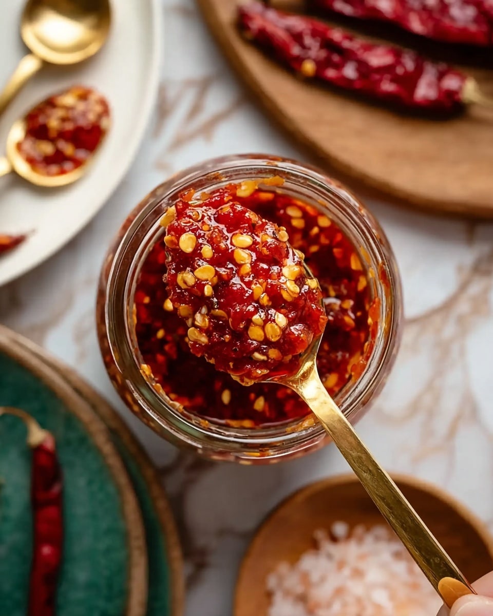 A close-up image shows a gold spoon held by a woman's hand above an open glass jar filled with a thick red chili sauce with visible chili flakes and pieces floating in it. The spoon is full of the chunky chili sauce, showcasing a mix of deep red sauce and bright orange-red chili bits mixed with small yellow seeds, creating a textured look. The background has a white marbled texture with parts of white plates partially visible, one with a gold spoon inside. In the upper right corner, two dried red chilies rest on a small wooden board next to a bowl filled with coarse sea salt. The colors are warm and vibrant, highlighting the texture and moisture of the chili sauce photo taken with an iphone --ar 4:5 --v 7