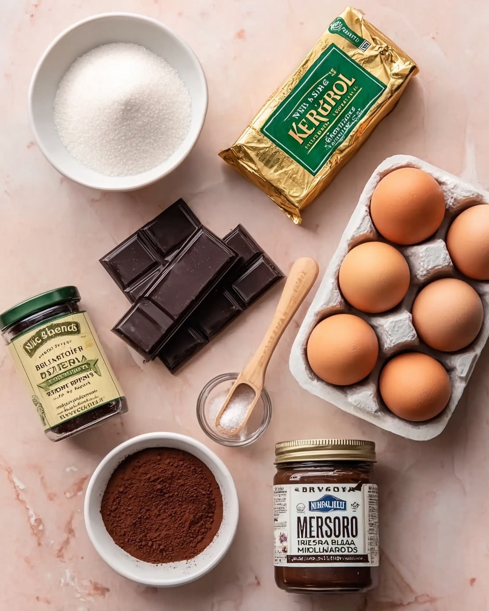 The image shows baking ingredients arranged neatly on a soft pink tile surface with a white marble texture. There is a white bowl filled with granulated sugar in the top left, next to a gold and green wrapped block of Kerrygold salted butter. Below these items, two dark chocolate bars lie flat, stacked slightly unevenly. To the right, there is a white egg carton holding five brown eggs. In the center bottom, a small white bowl is filled with rich brown cocoa powder. To the left, a jar of DeLallo instant espresso powder is placed, and to the right, a jar of Nielsen-Massey Madagascar Bourbon vanilla bean paste stands upright. A small wooden scoop with a clear round handle, containing a little bit of white powder, is placed diagonally near the center. The overall composition is clean and well-organized with a soft natural light. Photo taken with an iphone --ar 4:5 --v 7