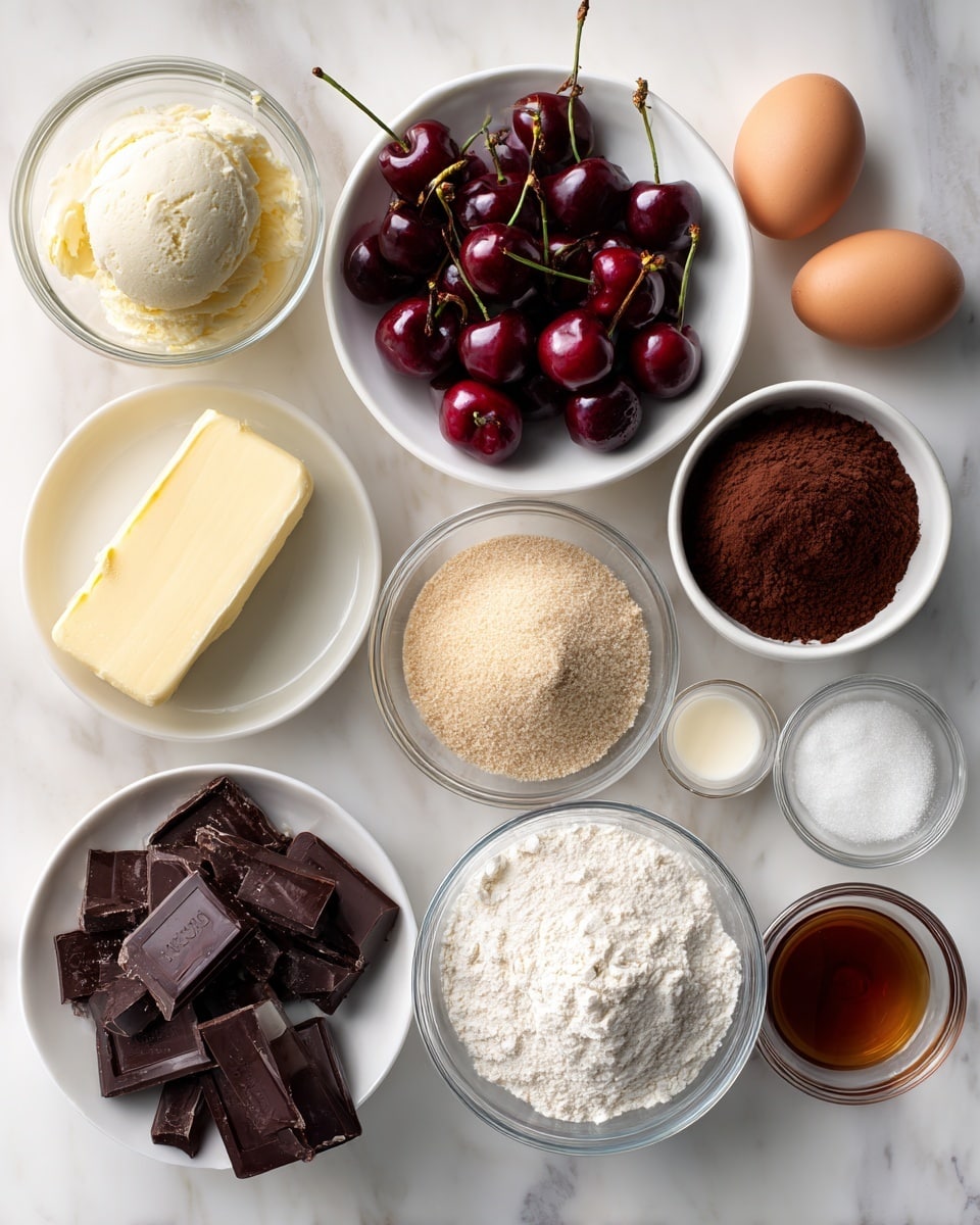 The image shows various ingredients arranged on a white marbled surface. There is one scoop of creamy white vanilla ice cream in a clear round bowl on the top left. Next to it, a white bowl filled with deep red cherries with green stems is placed near the top center. Below the cherries, there is a bowl of light brown soft brown sugar. Next to that, on the right, a bowl filled with finely ground dark brown cocoa powder. A small bowl with a dark brown espresso powder is seen near the top right corner. On the left side, an unwrapped stick of pale yellow butter lies vertically with two brown eggs below it. On the bottom left, a bowl contains broken chunks of dark chocolate. A bowl of white flour is near the bottom right along with a small bowl of white powdered cornstarch and a tiny bowl of salt. Two small bowls at the bottom center hold clear liquid kirsch and light brown vanilla extract. There is also a bowl with white heavy cream and a bowl of white sugar placed near the middle. All ingredients are in clear bowls or containers photo taken with an iphone --ar 4:5 --v 7