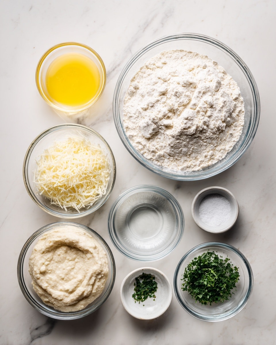 The image shows seven clear glass bowls arranged on a white marbled surface, each containing a different ingredient. On the top right, a large bowl is filled with white flour with a slightly uneven surface. To the left of it is a bowl of melted yellow butter, smooth in texture. Below the flour bowl is a medium bowl with white shredded parmesan cheese, finely textured. To the left of the parmesan is a bowl with sourdough starter, creamy and bubbly with a light beige color. Above the sourdough starter is a small bowl of coarse white salt. Below the sourdough starter is an empty bowl with clear water. At the bottom right is a small bowl of chopped green herbs, finely cut. The bowls are neatly spaced with labels above or beside each one. photo taken with an iphone --ar 4:5 --v 7