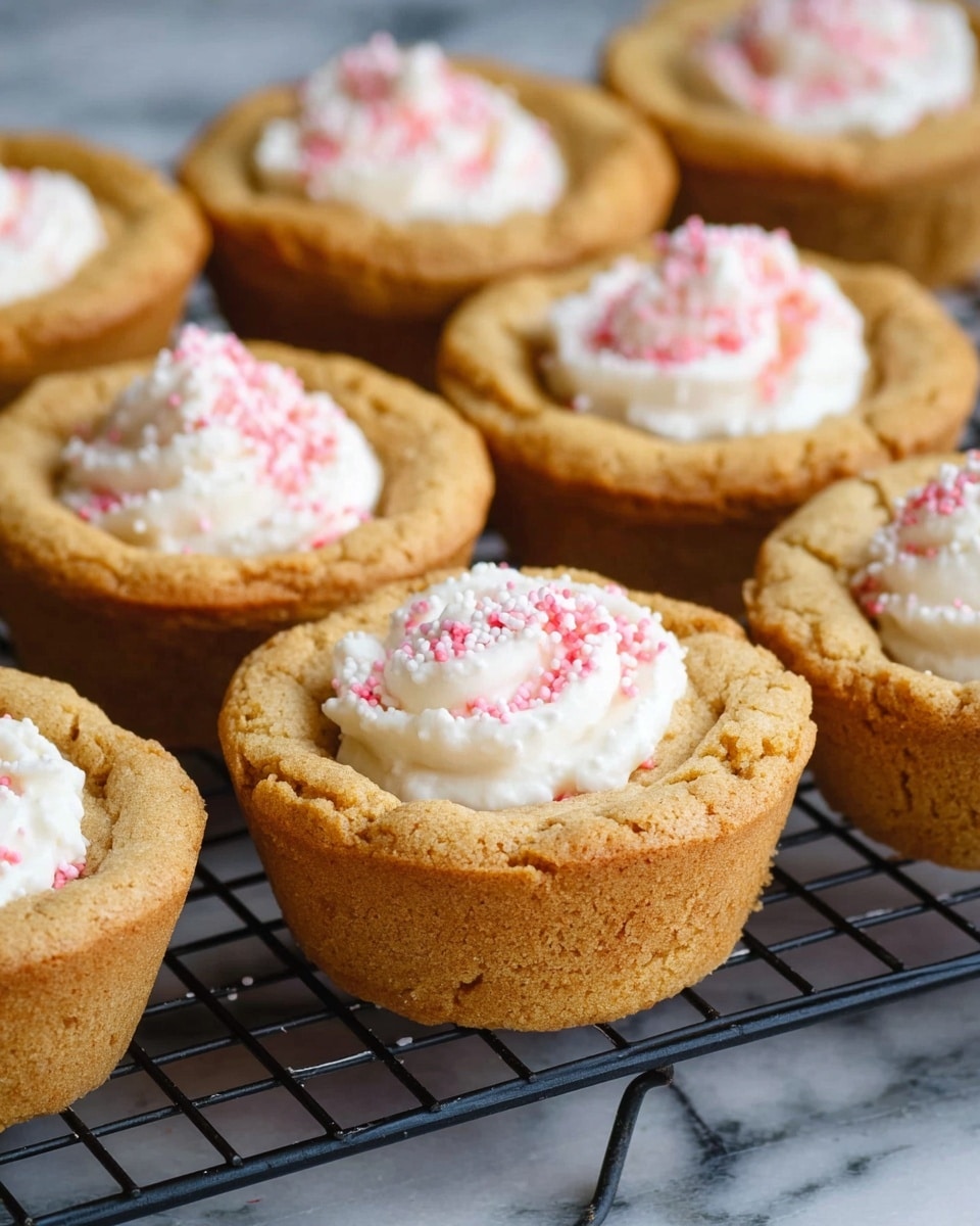 The image shows several small cookie cups arranged closely together on a black metal cooling rack. Each cookie cup is golden brown with a slightly rough texture on the outside, shaped like a thick cup with sturdy walls. Inside each cup, there is a dollop of white cream topped with light pink sprinkles, slightly mounded in the center. The background is a white marbled surface, giving a clean and simple look to the scene. photo taken with an iphone --ar 4:5 --v 7