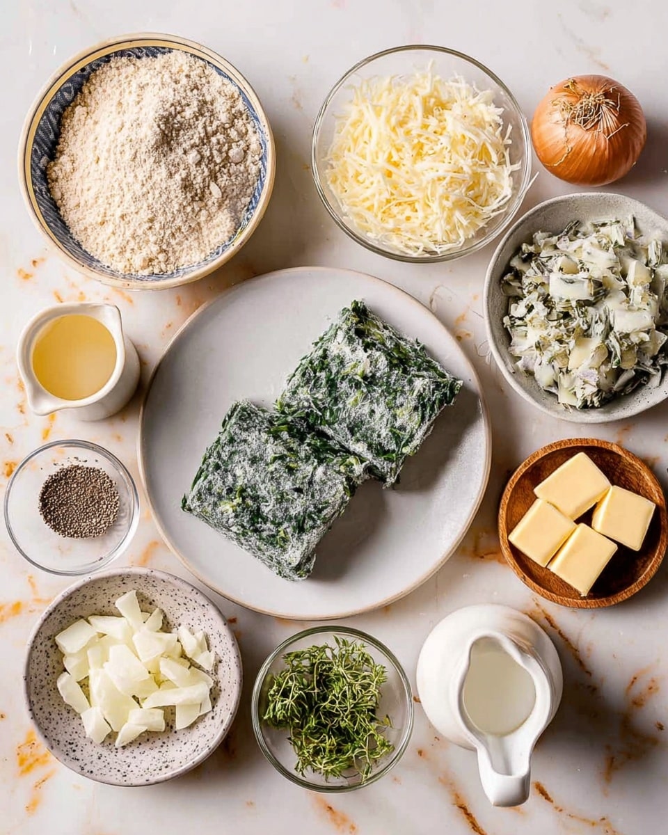 The image shows several small white bowls and a white plate with ingredients neatly arranged on a white marbled surface. In the center, a white plate holds two frozen blocks of green spinach covered lightly with frost. Surrounding the plate are bowls with light beige breadcrumbs, thinly sliced garlic, shredded white cheese, diced white onion, small cubes of pale yellow butter, creamy white milk in a glass jug, light brown ground nutmeg with a whole nutmeg piece, coarse black pepper in a wooden bowl, light yellow mustard in a glass bowl, and fresh green herbs along with dried green herbs on a small white dish. The colors range from green to white, beige, and light brown, all clearly separated and focused. photo taken with an iphone --ar 4:5 --v 7