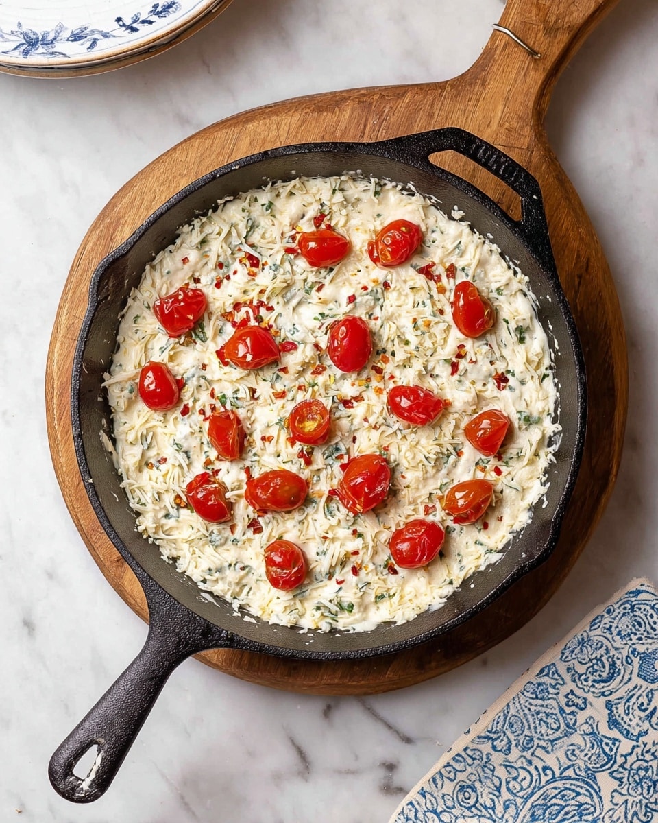A black cast iron pan sits on a round wooden board, filled with a creamy white mixture spread evenly across the pan’s base. The mixture has visible small green herb bits and shredded white cheese mixed throughout. On top, scattered halved red cherry tomatoes add bright pops of color, and tiny red chili flakes are lightly sprinkled over the whole surface. The setup rests on a white marbled textured surface with a slice of a blue-and-white patterned cloth napkin partially visible at the bottom right corner. Photo taken with an iphone --ar 4:5 --v 7
