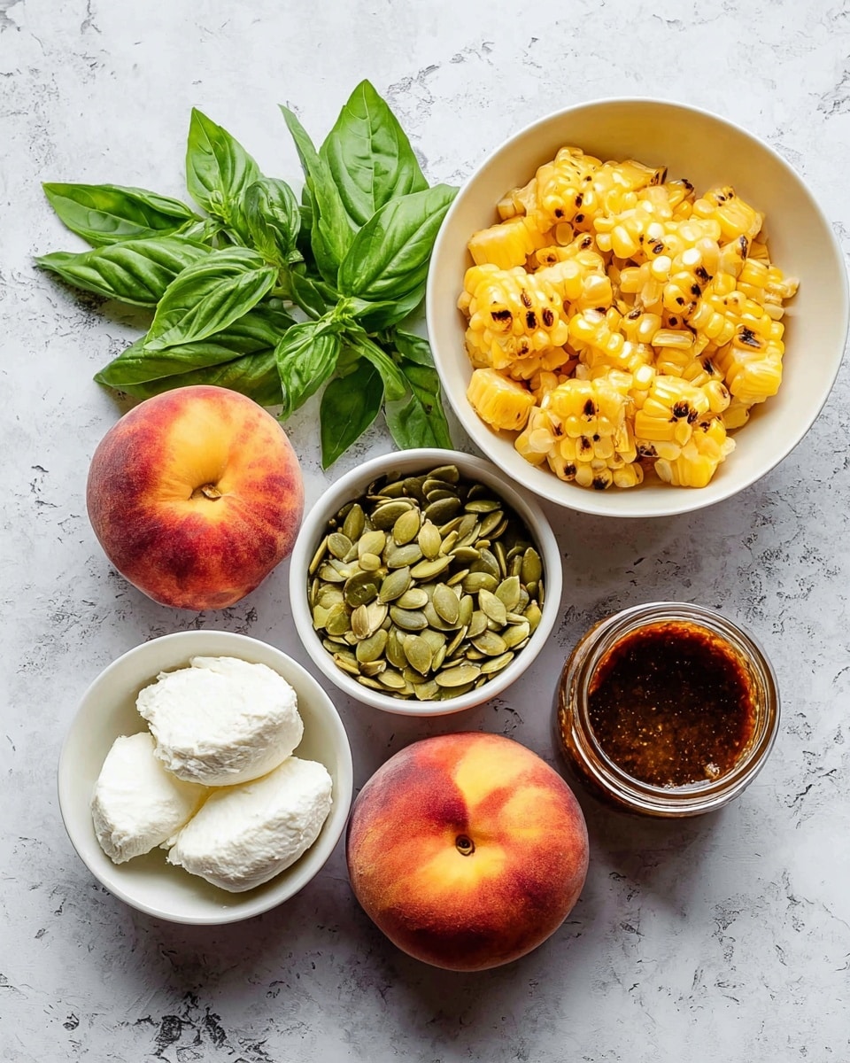 The image shows fresh ingredients arranged neatly on a white marbled surface. There are three whole peaches with a bright red and yellow skin, a bunch of green basil leaves positioned next to them, and a white bowl filled with grilled yellow corn pieces with slight brown grill marks. Nearby, a small jar contains a dark brown sauce, and two white bowls hold two large round portions of soft white cheese and green pumpkin seeds. Photo taken with an iphone --ar 4:5 --v 7