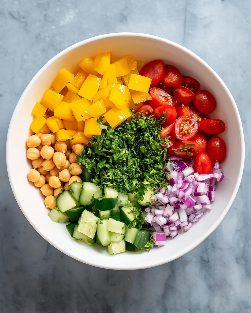A white bowl holds six layers of fresh salad ingredients arranged side by side: bright yellow diced bell peppers at the top, cherry tomatoes cut in half with a shiny red color on the right, finely chopped purple onions below the tomatoes, smooth beige chickpeas to the left of the onions, fresh green cucumber pieces next to the chickpeas on the left, and finely chopped fresh green herbs in the center. The bowl sits on a white marbled surface. photo taken with an iphone --ar 4:5 --v 7