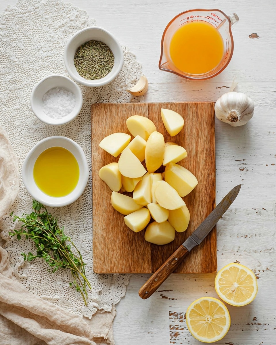 The image shows a wooden cutting board placed on a white marbled textured surface with eleven pieces of peeled, sliced potatoes arranged in a scattered group on the board. To the right of the potatoes is a small knife with a wooden handle resting on the board. In the top right corner, there is a whole garlic bulb next to a clear measuring cup filled with orange-colored liquid. In the top center, a white bowl holds a pile of dried herbs. On the bottom left, there is a white bowl with yellow olive oil and a small glass bowl filled with white salt, all placed on a beige cloth with lace edges. To the left of the board, a few fresh green herb sprigs rest on the cloth, and on the right side of the image, two lemon halves lie on the white marbled surface. photo taken with an iphone --ar 4:5 --v 7