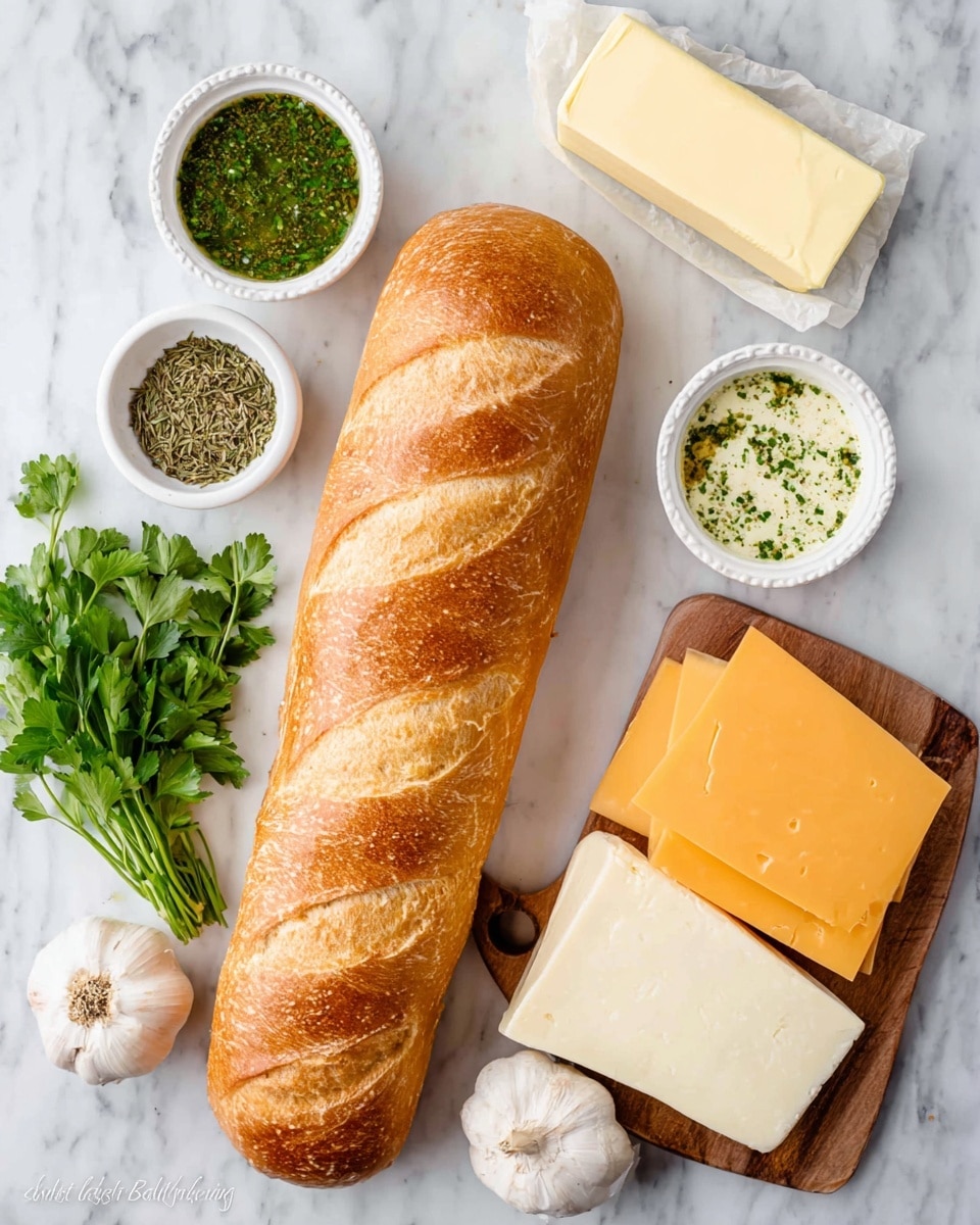 A long, golden-brown loaf of bread with three diagonal cuts on top lies in the center on a white marbled surface. Above it, a stick of pale yellow salted butter is placed horizontally. To the left of the butter, two small white bowls hold green herb sauce and mixed dried herbs. Below the bowls, a small bunch of fresh green parsley leaves adds brightness. On the lower right side, two small white garlic bulbs rest on the marble. At the bottom, a wooden board displays three large cheese blocks with different colors: pale cream, marbled orange and white, and light yellow. The scene is well lit and neat, showcasing fresh ingredients clearly. photo taken with an iphone --ar 4:5 --v 7