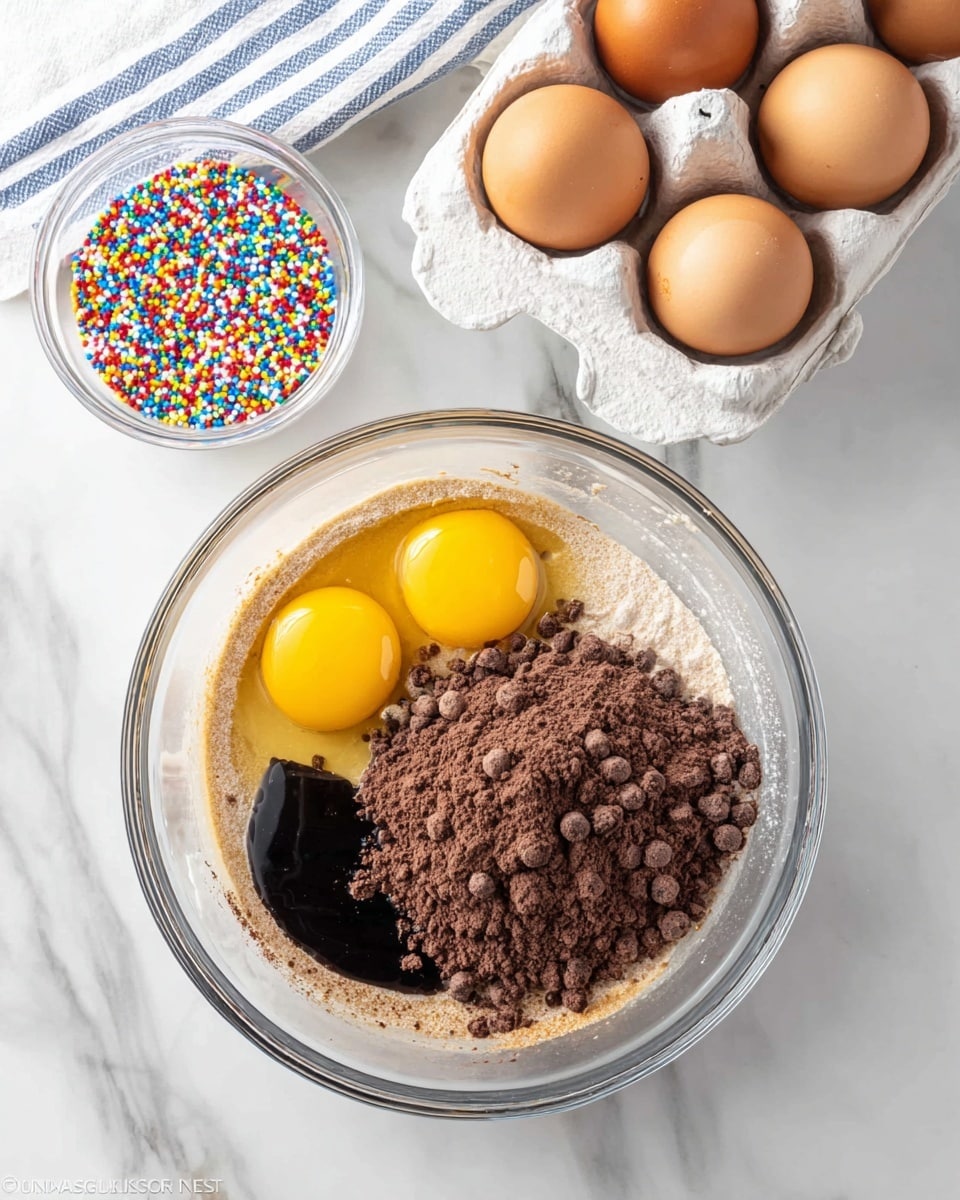 A clear glass bowl sits on a white marbled surface, filled with layered baking ingredients. On the bottom, there is a layer of light brown liquid mix, topped with a large heap of chocolate powder dusted roughly in the center. To the right of the powder, two whole eggs sit with bright yellow yolks and clear whites, resting on the liquid surface. Near the bottom left of the bowl, there is a thick, glossy black syrupy layer. Above the bowl, a white egg carton holds four brown eggs, arranged in two rows, and beside it, a small clear round bowl is filled with colorful tiny candy-coated round sprinkles. A white and blue striped cloth is partly visible in the top left corner. Photo taken with an iphone --ar 4:5 --v 7