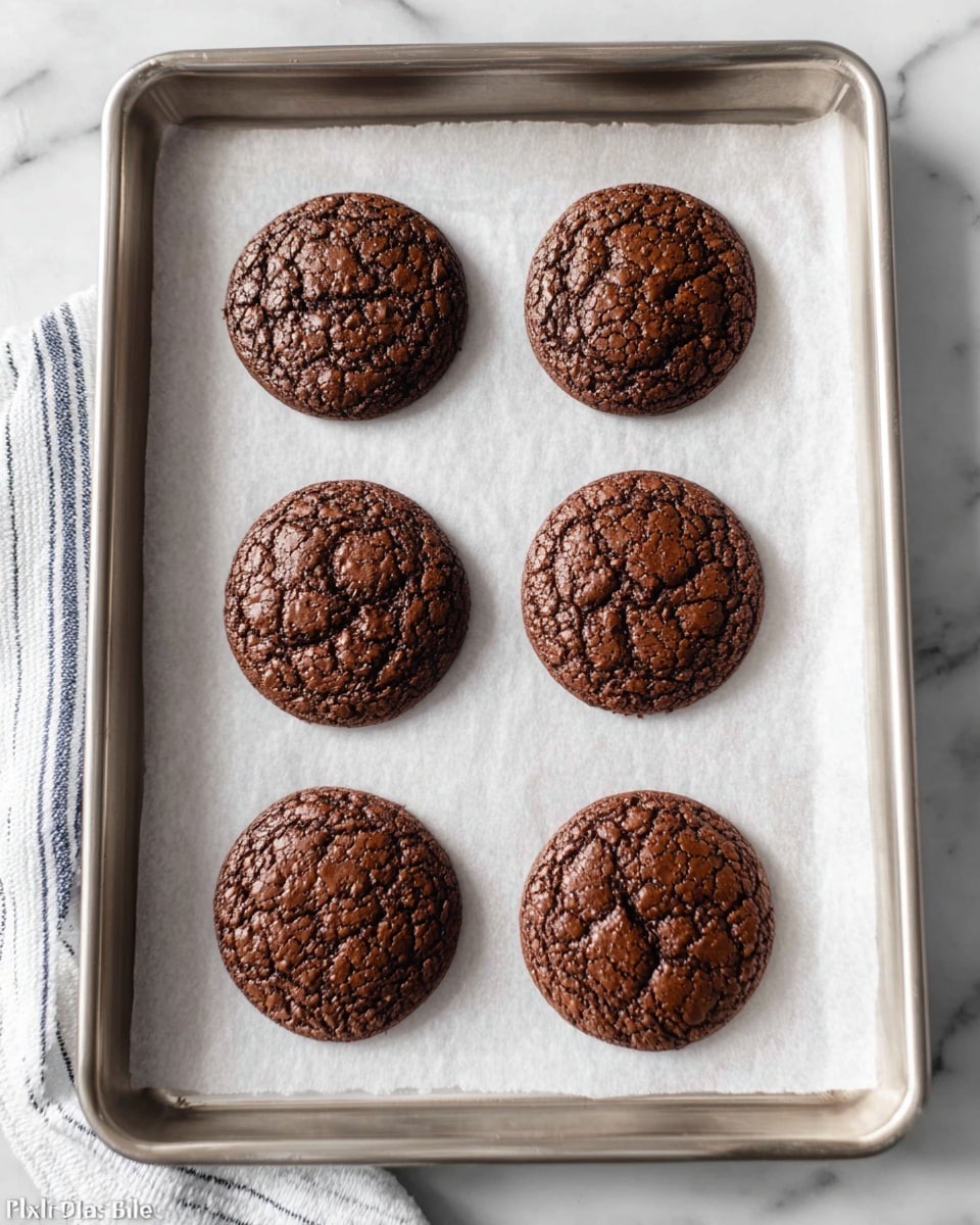 Six round chocolate cookies with cracked, textured tops are evenly placed in two rows on white parchment paper that covers a metal baking tray. The tray is set on a white marbled surface with a folded white and blue striped cloth in the top left corner. The cookies have a rich, dark brown color and slightly domed shape. photo taken with an iphone --ar 4:5 --v 7