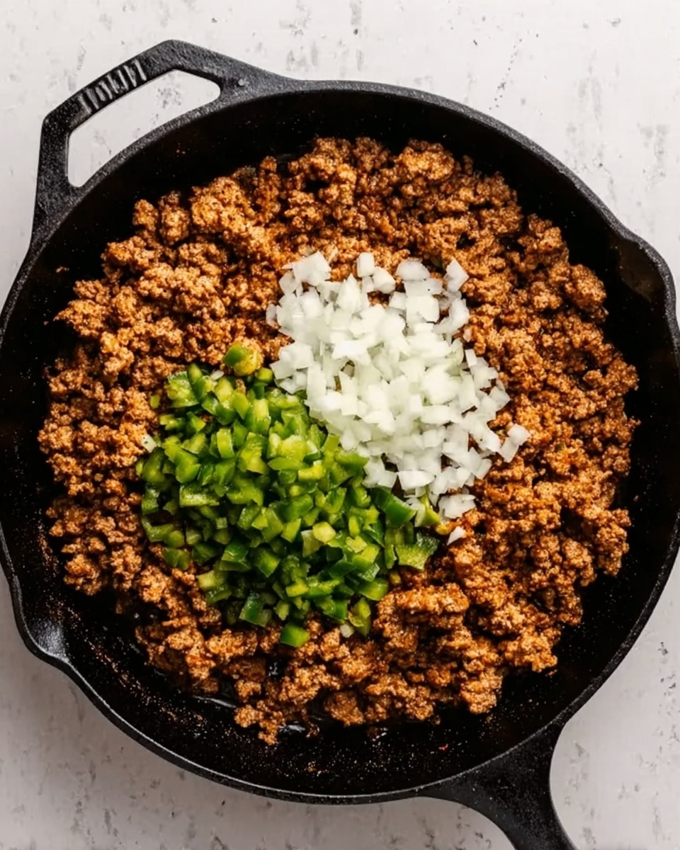 A black cast iron pan sits on a white marbled surface, filled mostly with cooked ground meat that is brown with a slightly crumbly texture. On top of the meat, there are two separate small piles of vegetables: one pile of finely chopped white onions near the center and another pile of chopped green bell peppers just below it. The edges of the pan show the meat filling the space evenly, with the vegetables resting neatly in the middle. Photo taken with an iphone --ar 4:5 --v 7
